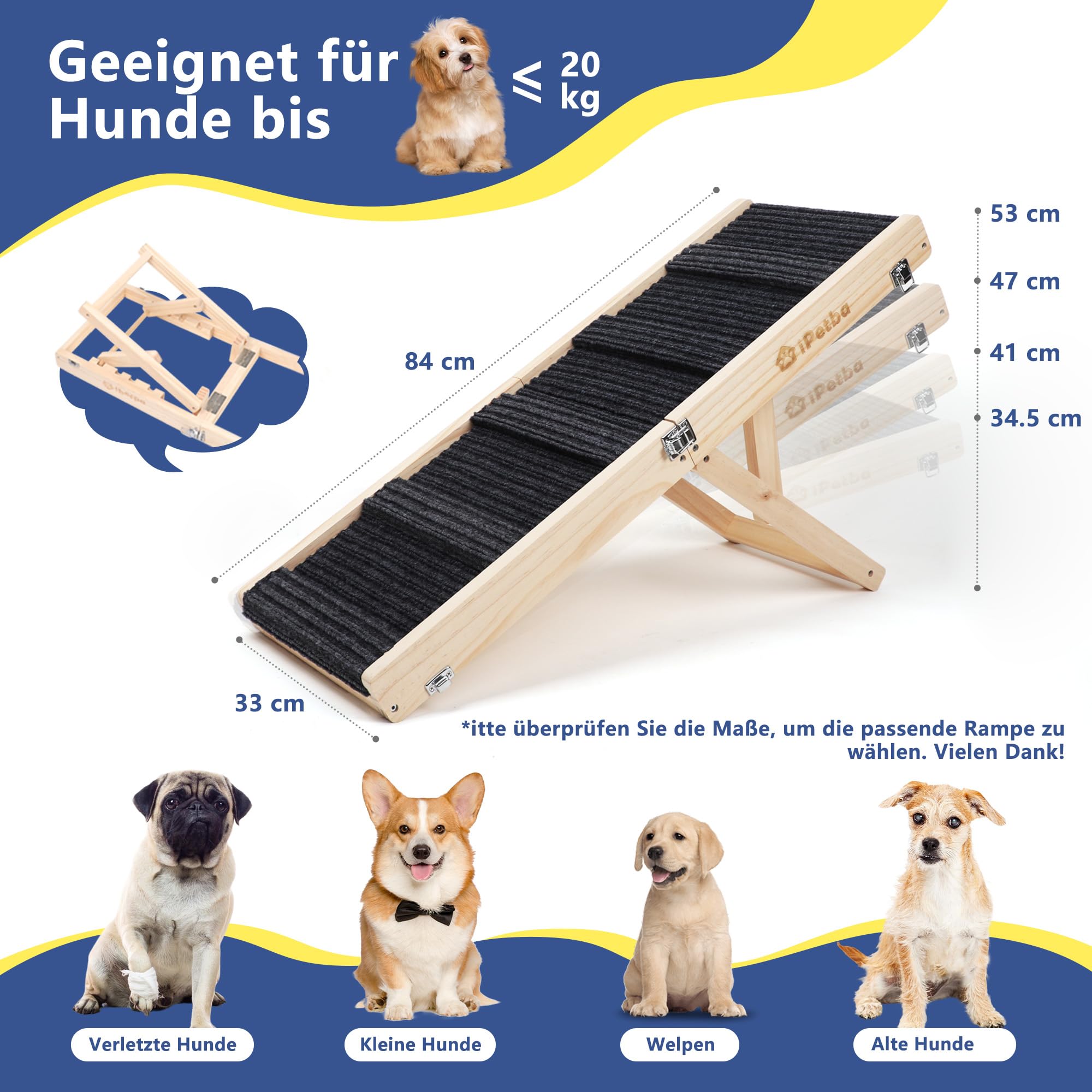 Hunderampe für Sofa und kleine Hunde bis 16 kg, Rampe für Couch und niedrige Möbel, aus Holz, höhenverstellbar, klappbar, rutschfest