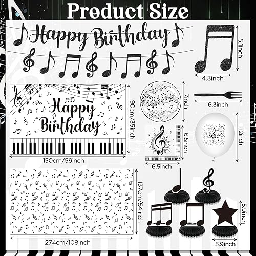Miniatura 5 de Decoraciones de fiesta musical, nota musical negra, pancarta de feliz cumpleaños, globos, notas, platos, servilletas, mantel, mesa de nido de abeja
