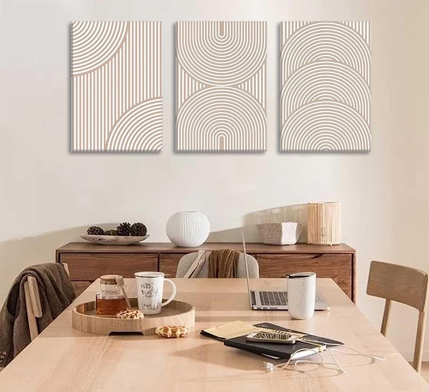 3Pcs Beige Neutral Canvas Wall Art Boho Minimalist Line Paintings Abstract Beige and White Line Wall Decor Mid Century Geometric Posters Prints for Living Room Bedroom Office Art Pictures Framed