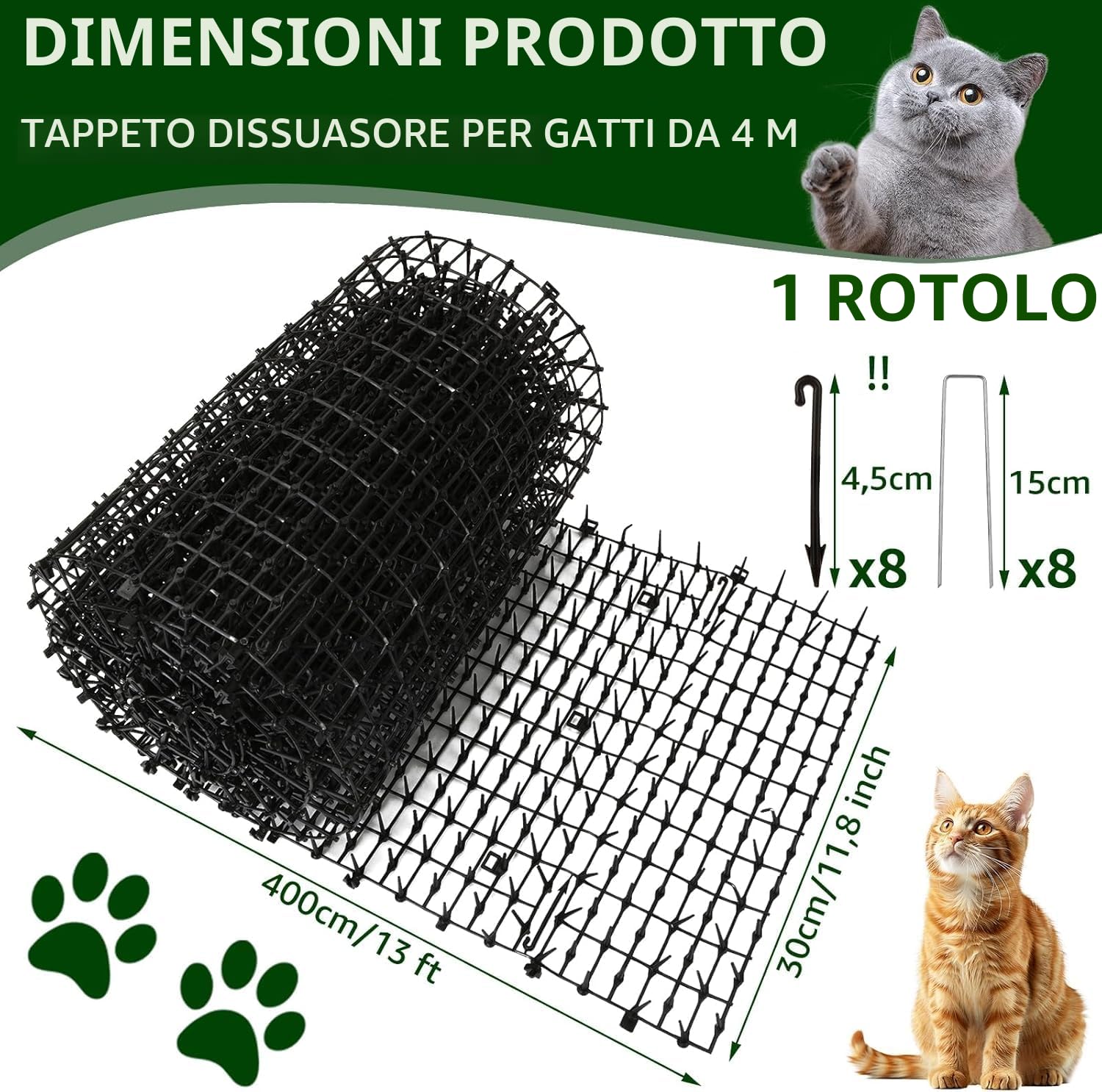 AKOLAFE Tappetino per gatti con 8 picchetti in metallo per esterni, 400 x 30 cm, anti punte, repellente per gatti, cani, volpi, deterrenti per scavare cani da giardino, gatti, volpi
