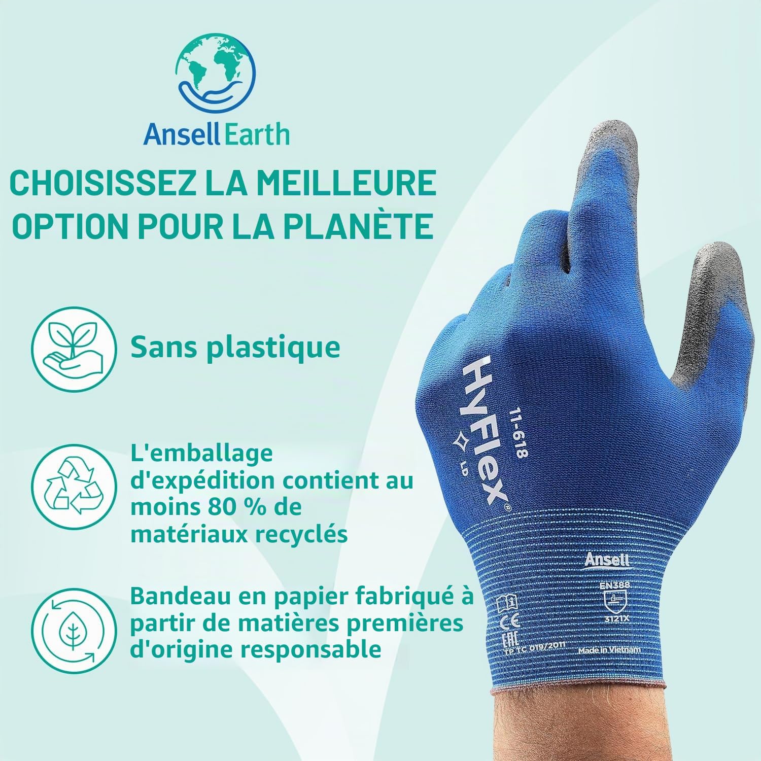 Ansell HyFlex 11-618, Gants de travail L pour manipulations de précision, Revêtement PU, Compatibles écran tactile, Bleus, 12 paires