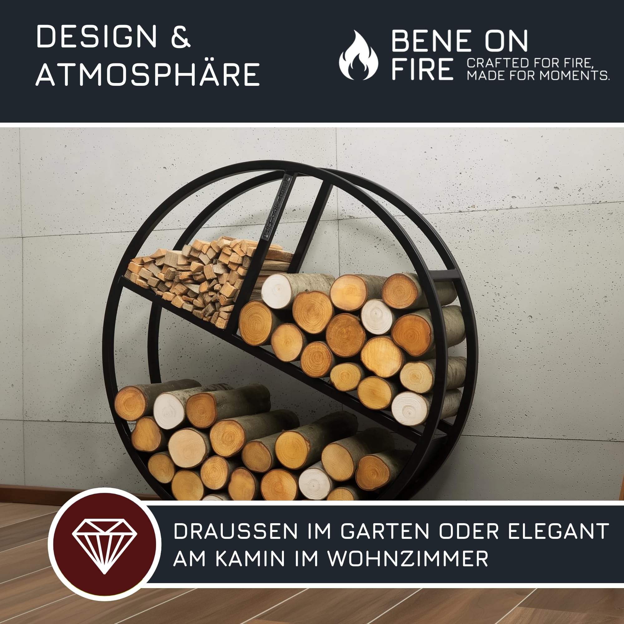 MR. DEKO BENE ON FIRE Kaminholzregal rund Kalifornien 80 cm | rundes Brennholzregal Metall schwarz | Holzlager dekorativ für Kamin Wohnzimmer | Feuerholzregal Garten Terrassen | Kaminholzunterstand