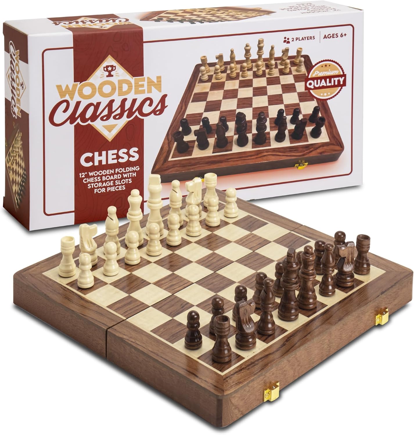 Tradeopia 12" Folding Wooden Chess Set, Chess Board Game with Storage Slots for Pieces, Premium Quality Wooden Pieces, Perfect for 2 Players and Ages 6+, Classic Games for Kids and Adults