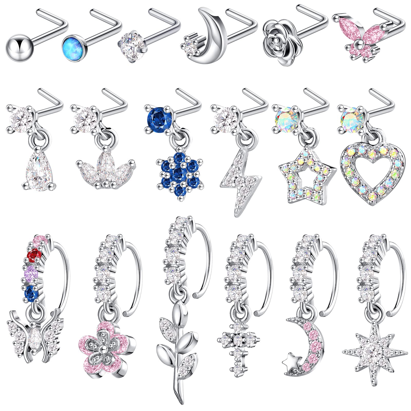 Bonuci18 Pcs Dangle Nose Ring L Shaped Dangling Nose Stud Nose Ring Hoop Indian Nose Piercing Jewelry with Charm