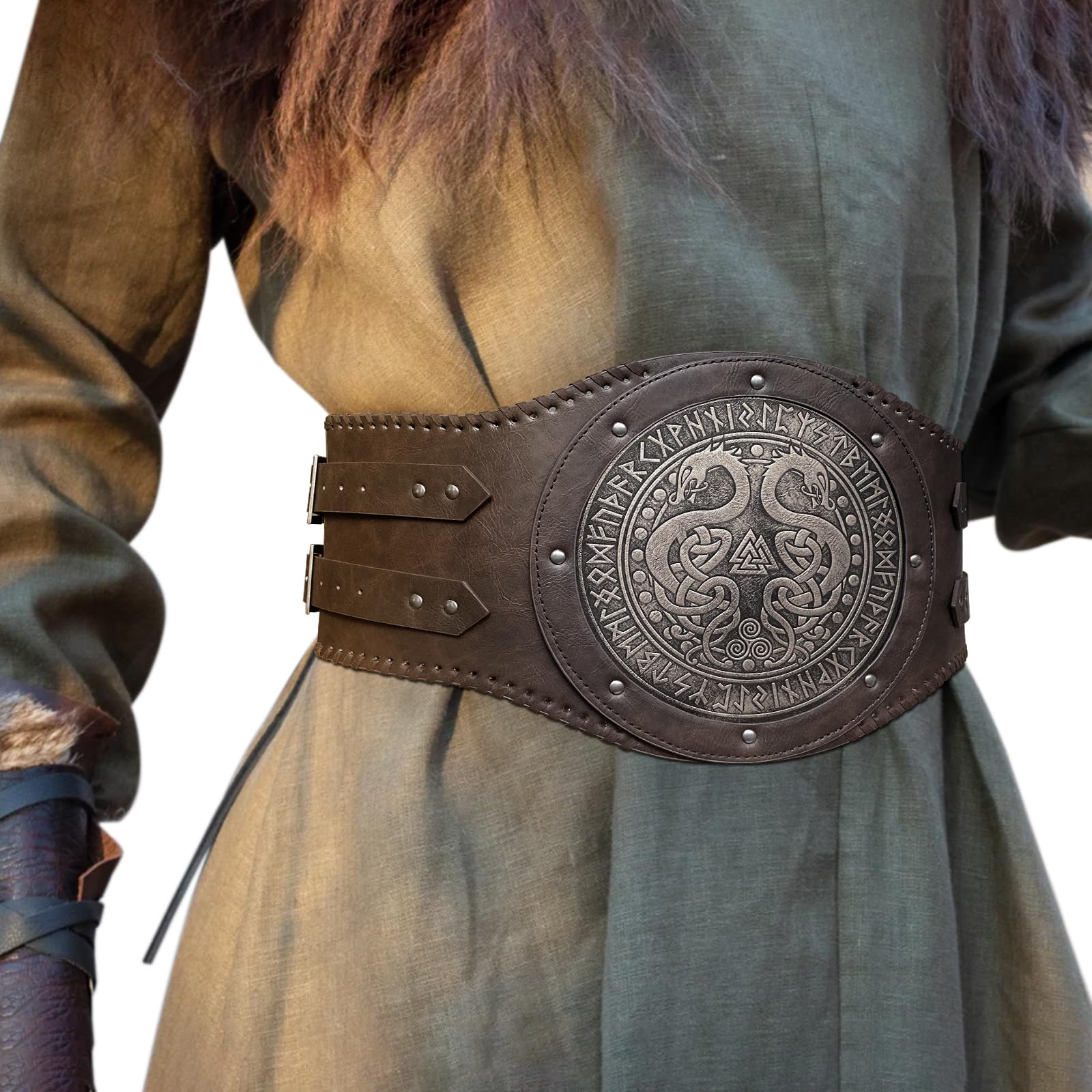 HiiFeuerViking Embossed Double Dragon Waist Armor, Vintage Norse Faux Leather Wide Belt, Medieval Mercenary Corset Belt for LARP Costume