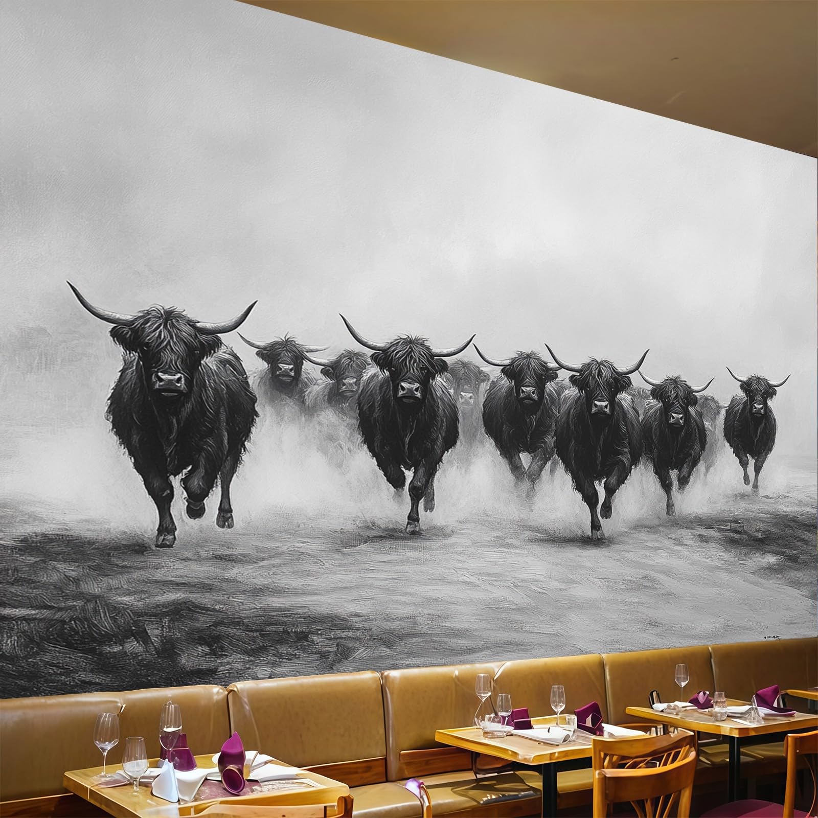 Mural grande de ganado de las Tierras Altas para cubrir paredes con decoración moderna negra