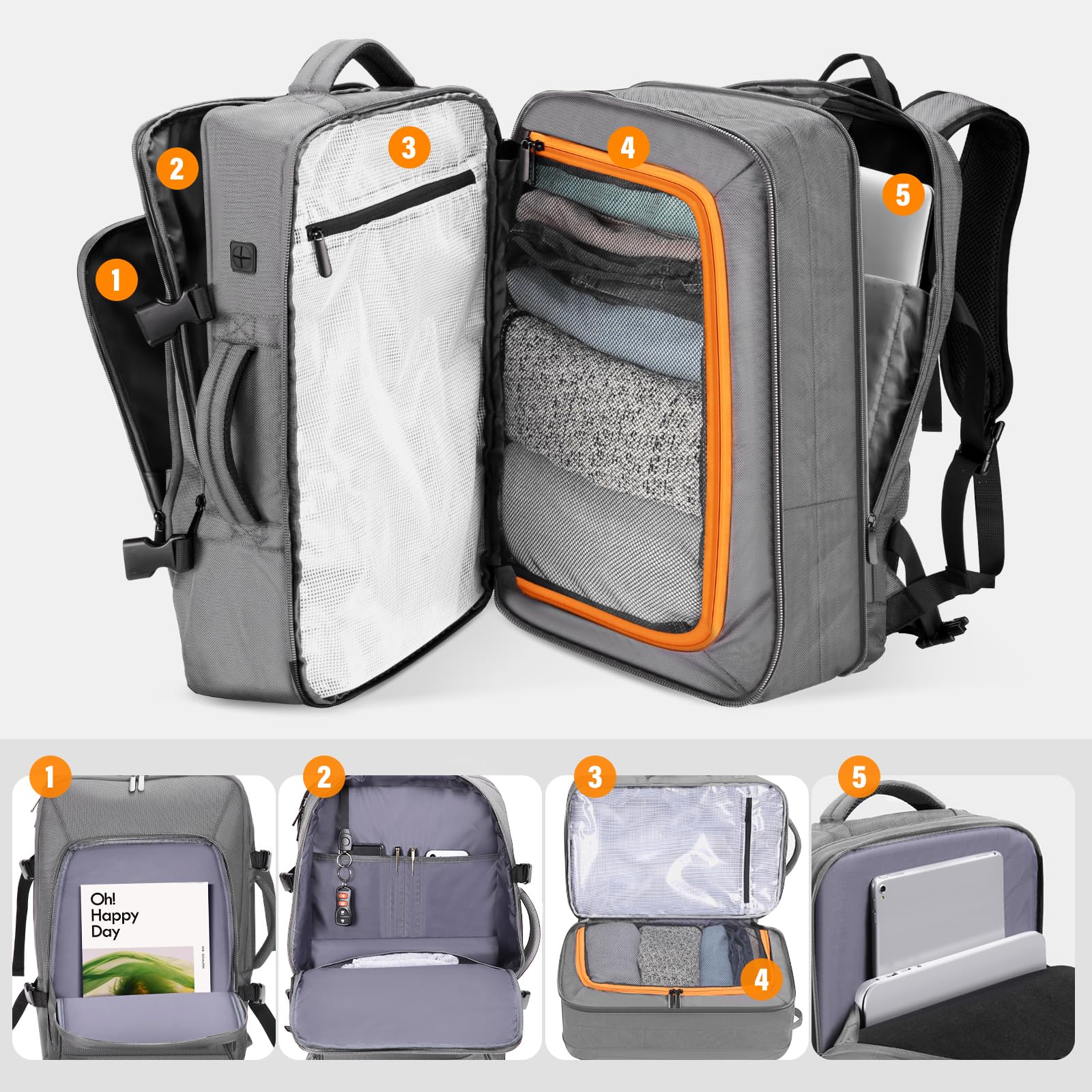 HOMIEE Handgepäck Rucksack 55x40x20 50L Großer Erweiterbarer Reiserucksack Flugzeug 18 Zoll Laptoprucksack mit USB Ladeanschluss Herren Damen Carry on Kabinenrucksack für Reisen Business Weekender