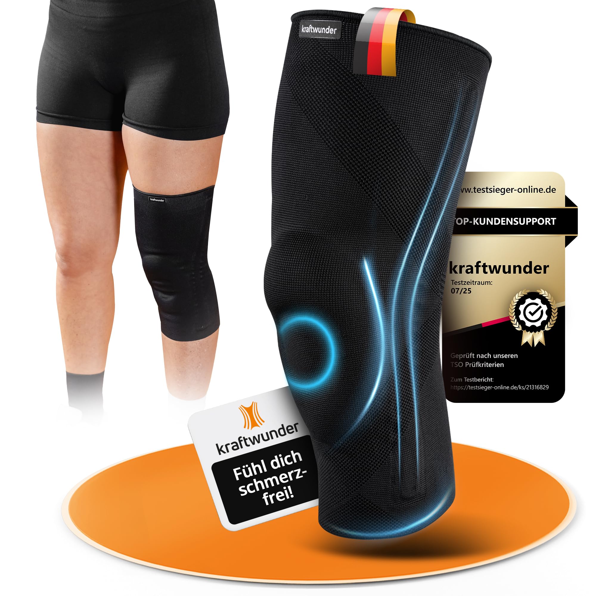 kraftwunder Kniebandage Männer & Damen | Made in Germany | mit Patella-Pad & Seitenstabilisatoren | Kniebandage für Sport, Joggen & Alltag (Schwarz, L)