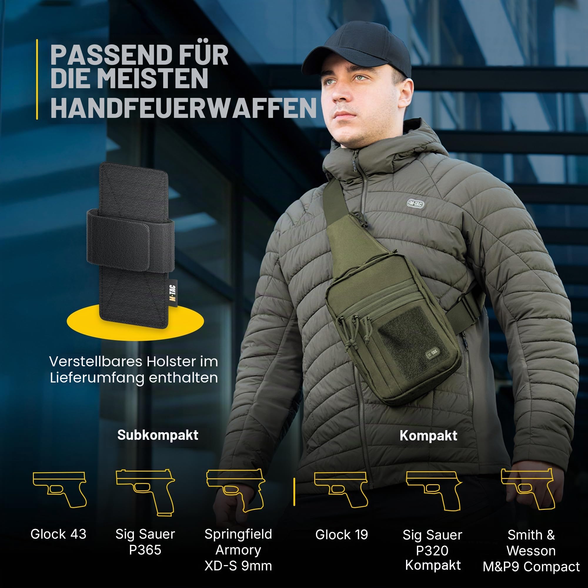 M-Tac Schultertasche mit Pistolenholster – Taktische Umhängetasche Olive aus 600D Polyester mit Klettverschluss & verstellbarem Gurt | Verdecktes Tragen, Outdoor, EDC