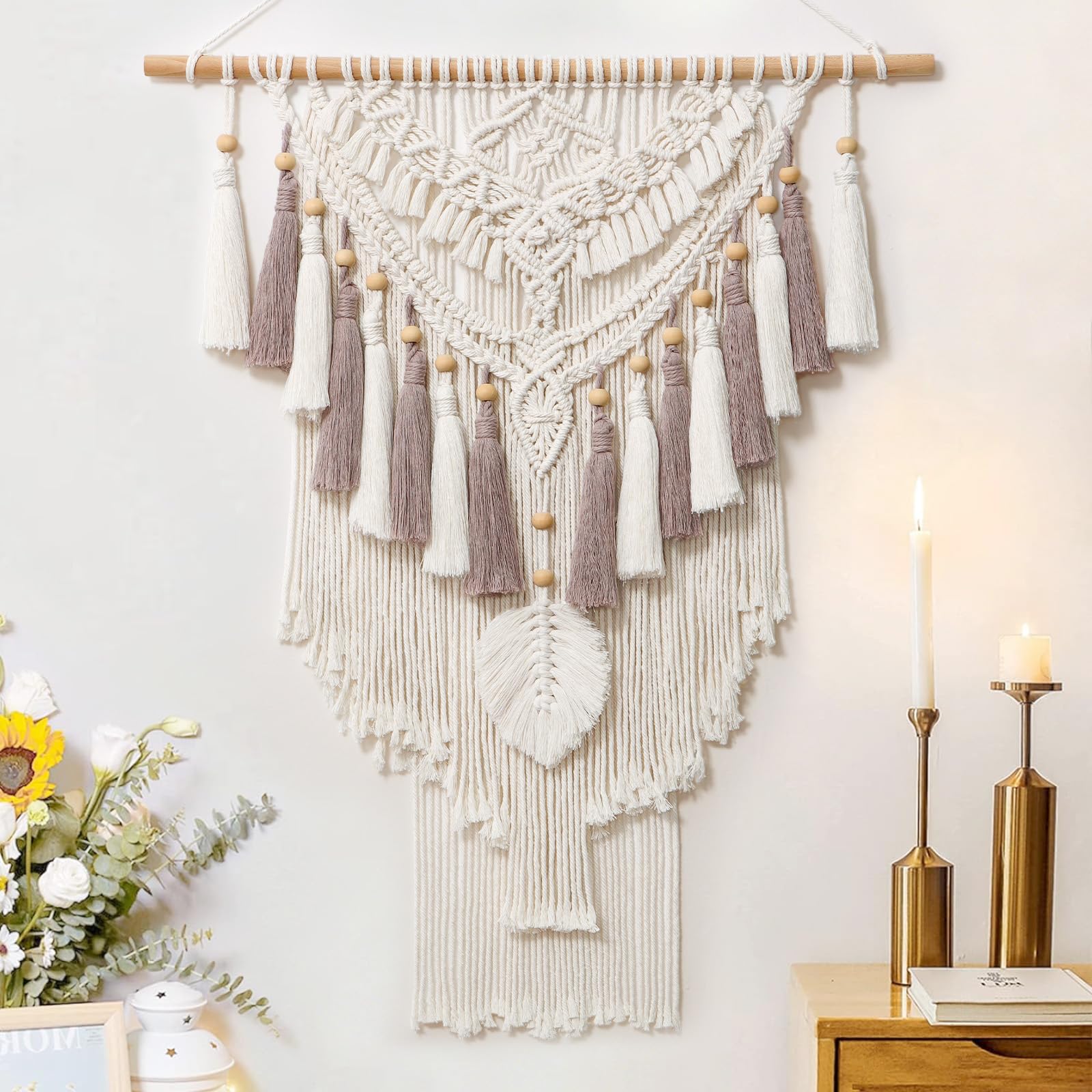 Boho Makramee Wandbehang Geometrischer Gewebte Wandteppich Beige Rosa