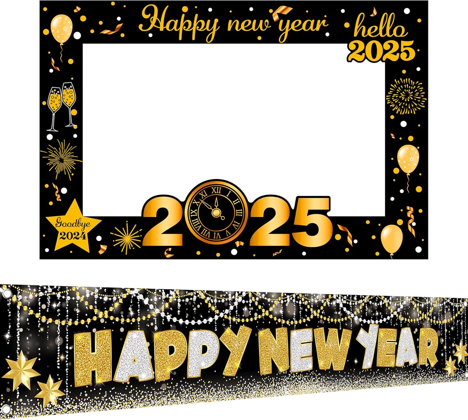 KatchOn, Happy New Year Banner 2025 - XtraLarge 120X20 Inch | New Years Photo Booth Frame 2025 - Large 36 | NYE Decorations 2025, Happy New Years Yard Banner | Happy New Year Photo Booth Frame