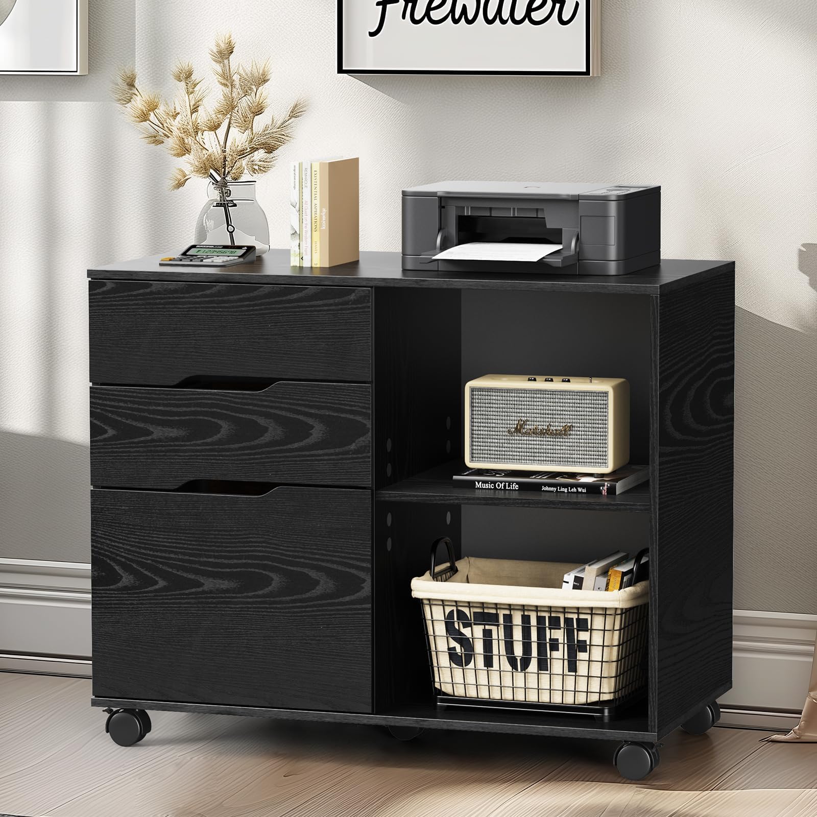 DUMOSLateral File Cabinet with 3 Drawers, Rolling Wooden Printer Stand Under Desk Storage Organizer with 4 Wheels Adjustable Shelf for Office Home, Black