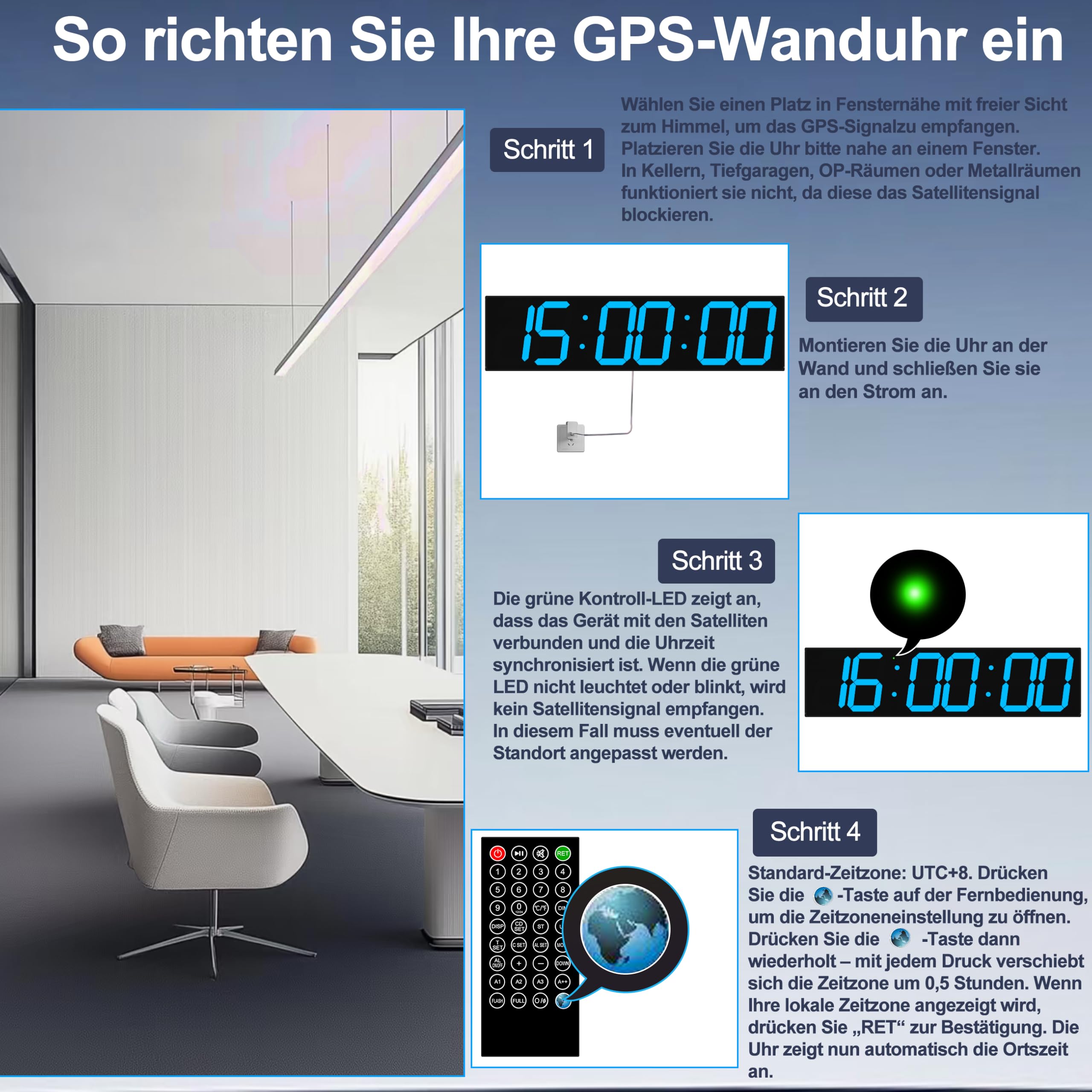 CHKOSDA XXL Große LED Digitale Wanduhr 70cm mit GPS Zeitsynchronisation | Ohne WLAN. 50m Lesbarkeit, Fernbedienung, 8-stufige Helligkeit, Timer, Netzbetrieb für Büro, Fitnessstudio & Schule. Eisblau