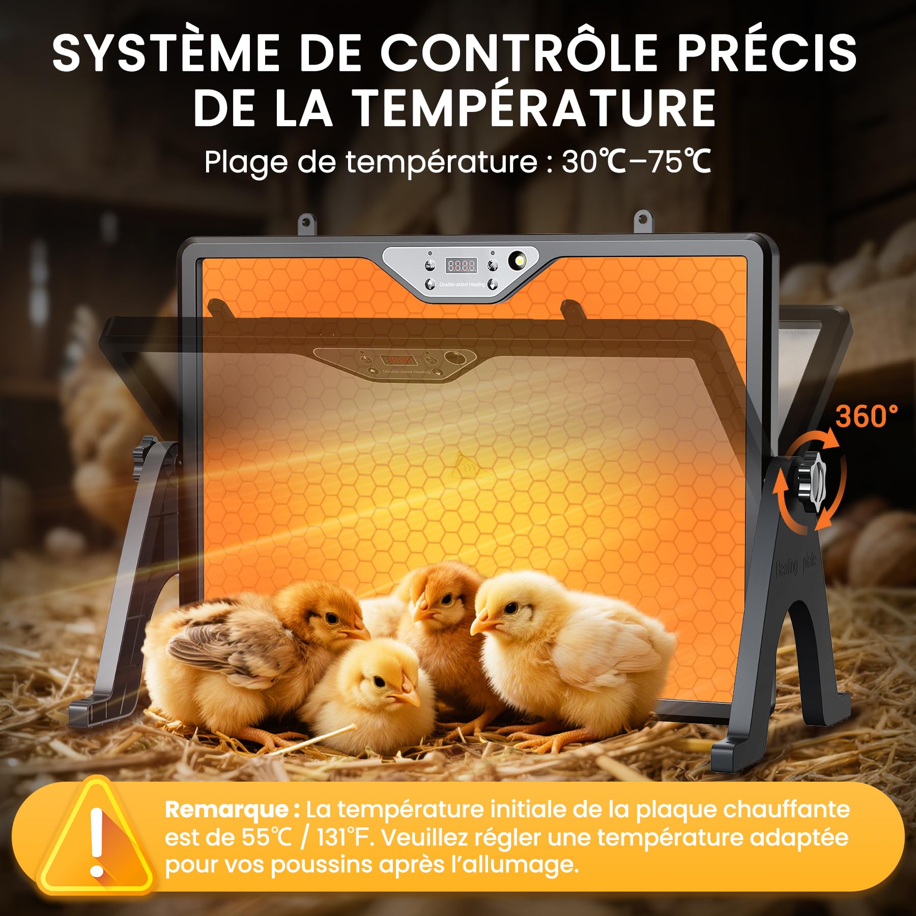 INNOLAND Plaque Chauffante Poussin, 180W Lampe Chauffante Poulailler, Chauffage Poulailler avec Thermostat, 30°C-75°C avec Télécommode, Chauffage pour Poussin Eclairage | Minuteur