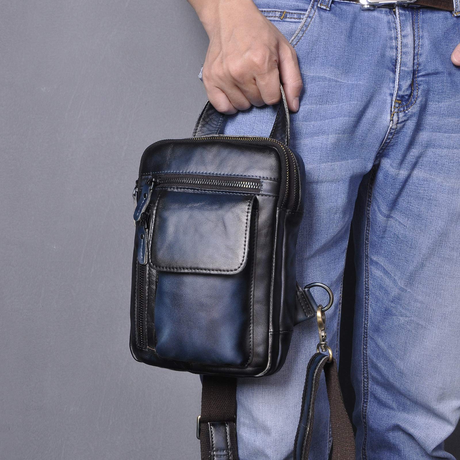 Le’aokuu Herren Echtes Leder Brusttasche Crossbody Bag Sling Bag Schultertasche Gurteltasche Umhängetasche Rucksack Brustbeutel Für Outdoor Sport Reisen B574 (B574 ciemnoniebieski)