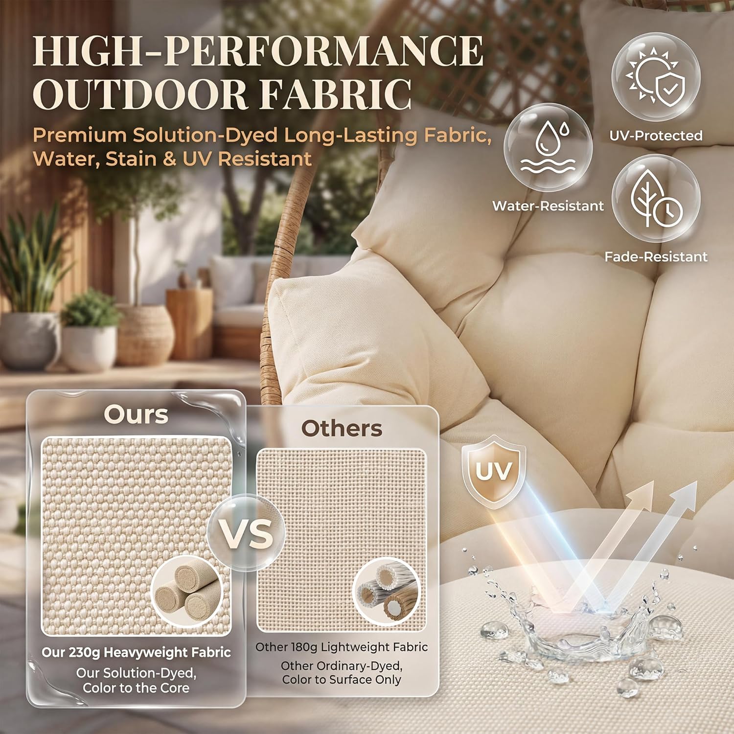 NICESOUL® Indoor Outdoor Egg Chair w/Ottoman, Huge Extra Large Eggshell Papasan Chair w/Cushion, Water & UV-Resistant Patio Lounge Chair w/Cover, Outside Reading Chair for Backyard, Porch, Beige