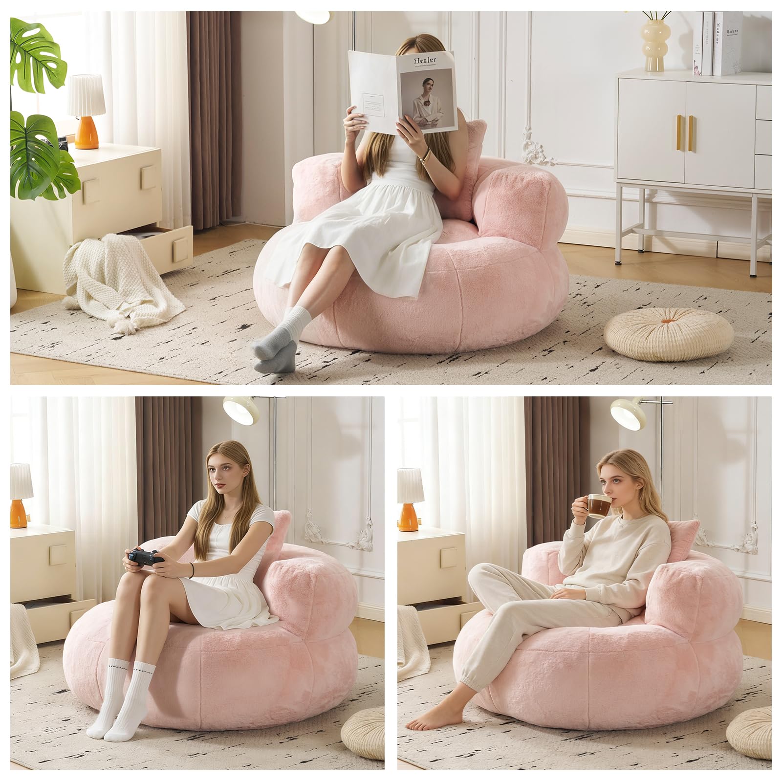 Sitzsack Erwachsene mit Füllung, Geräuschloser Runder Bean Bag mit Schaumstoff-Schnitzeln, Lesesessel & Gaming Sessel, Premium Kaninchenplüsch in Blütenform mit Kissen,Rosa