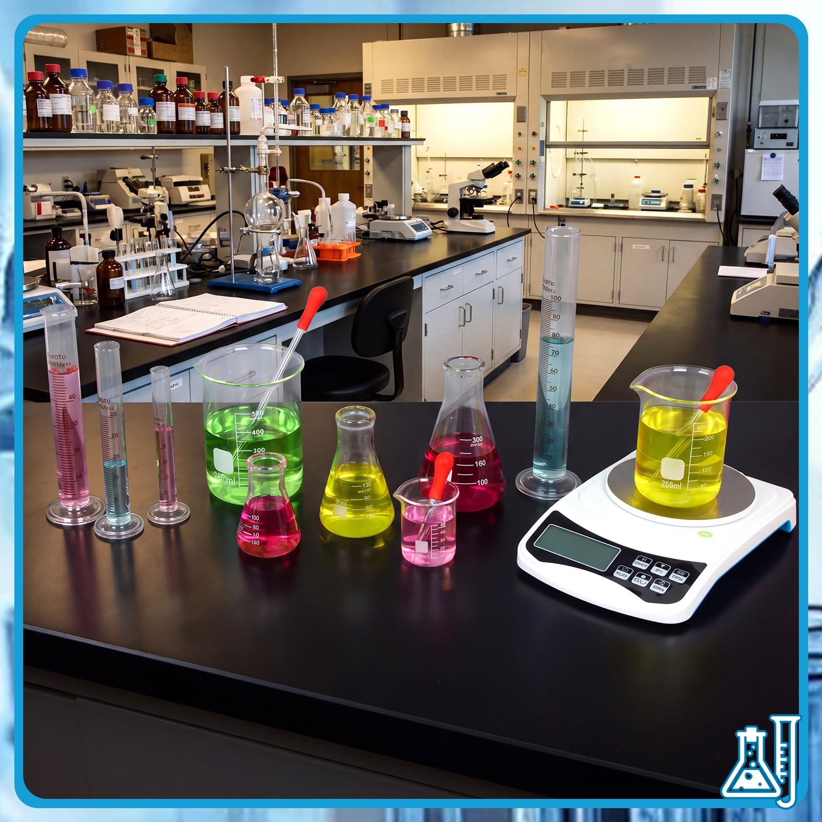 Tellegloww 31-teiliges Laborglaswaage-Set: 1 kg x 0,1 g Digitalwaage, 6 Messzylinder, 6 Becher-Set, 6 Glaspipetten, 6 Rührstäbe, 6 Messbecher für Labor, Wissenschaft, Chemie