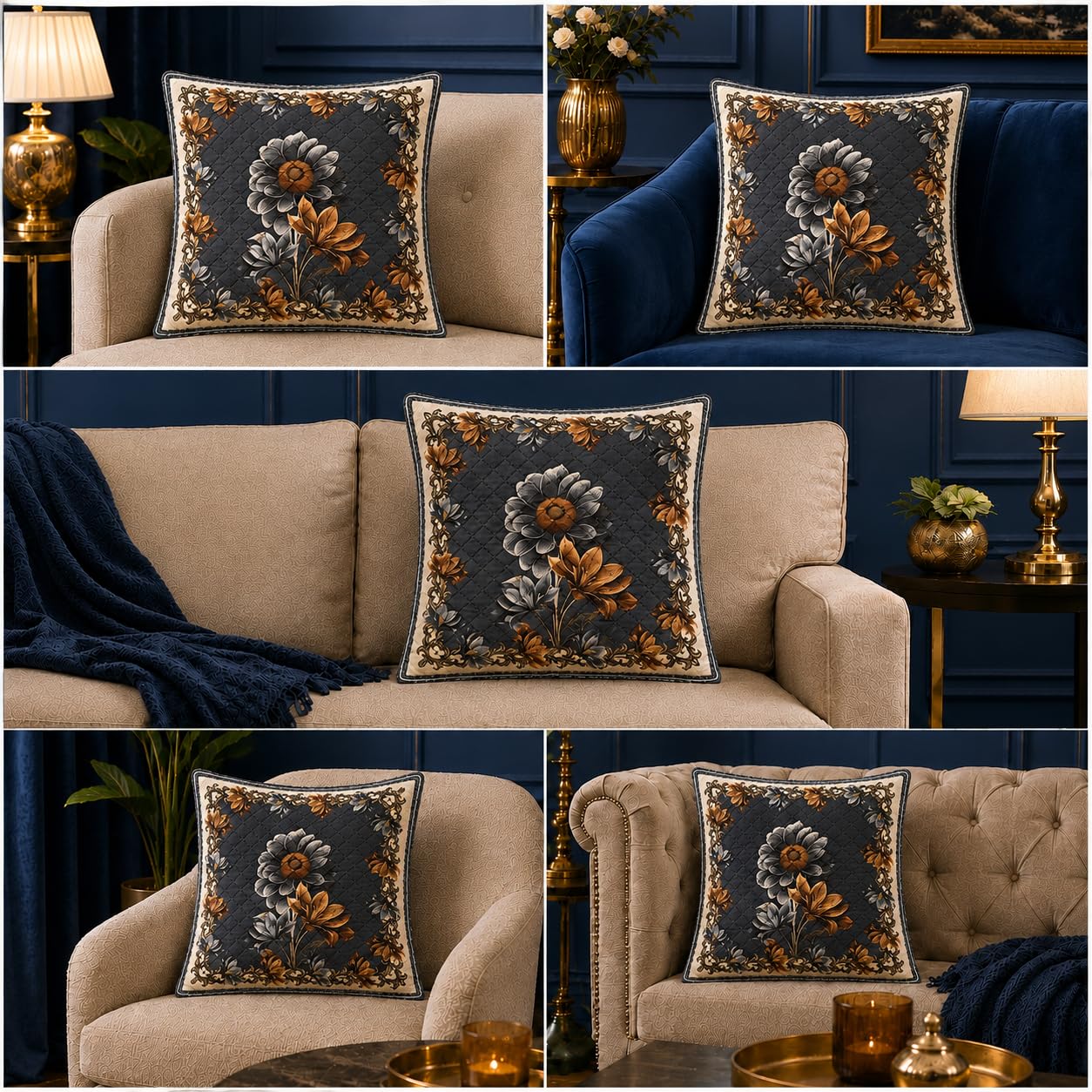 Honest Mart Floral Cushion Cover Set of 5, 16 x 16 Inch Decorative Sofa Cushion Covers with Hidden Zip, Soft Poly Cotton Throw Pillow Covers for Sofa, Chair, Living Room & Bedroom, Black Gold Floral-image-39
