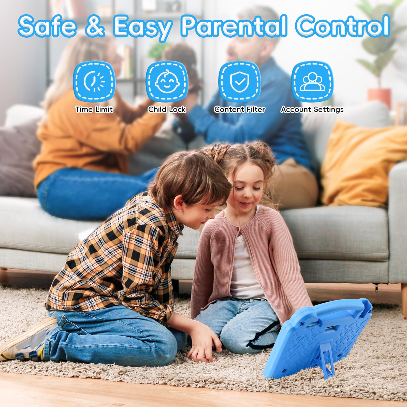 Tablet per bambini da 10,1 pollici, Android 15, con Octa-Core A523, 8 GB+64 GB, batteria 5000 mAh, Wi-Fi 6, controllo genitori, certificato GMS, con custodia in EVA blu
