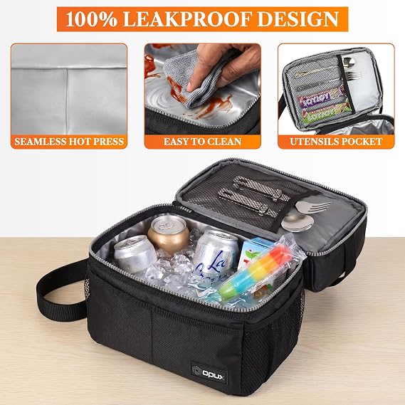 opux Insulated Lunch Bag for Men Women, Double Decker Leakproof, Black | Lunch Box Cooler Tote With Shoulder Strap, Large Lunchbox For Work School Travel Meal Prep, Adults Kids Boys Girls, 16 Cans