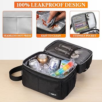 opux Insulated Lunch Bag for Men Women, Double Decker Leakproof, Black | Lunch Box Cooler Tote With Shoulder Strap, Large Lunchbox For Work School Travel Meal Prep, Adults Kids Boys Girls, 16 Cans