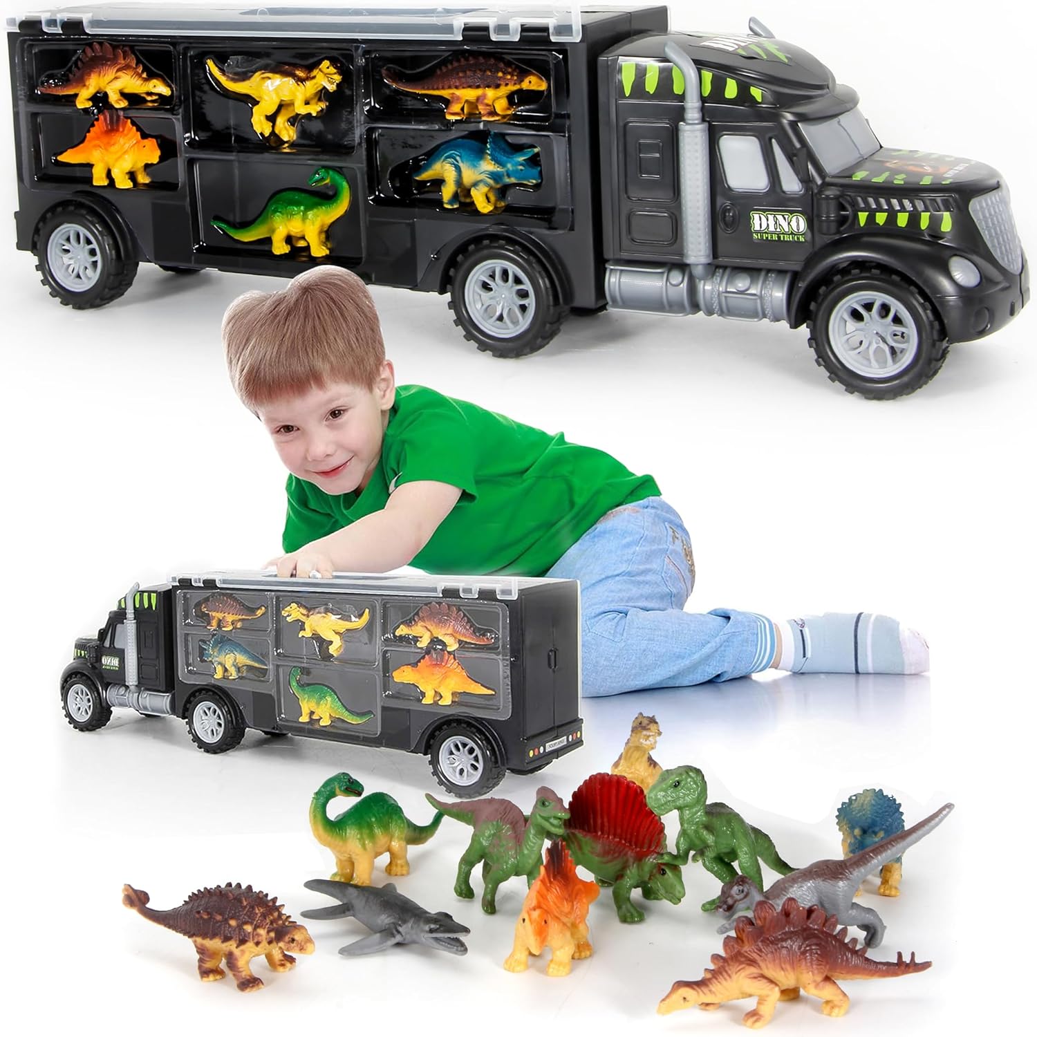 MOBIUS Toys Dinosaur Truck Carrier – 12-Piece Dino Playset with Toy Figures - Fun Jurassic Gift for Kids Ages 3-7