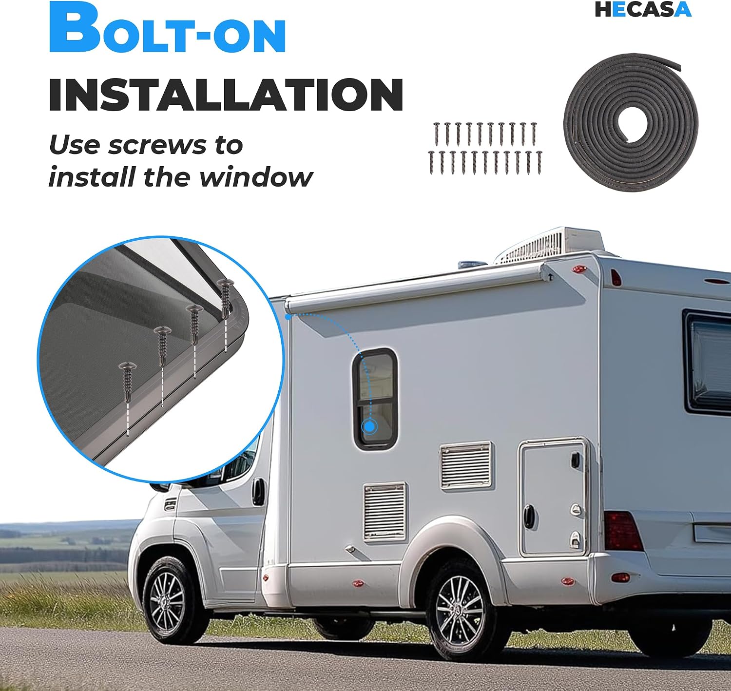 HECASA Universal RV Window 12" W x 24" H Vertical Slide Teardrop Window W/ | Trim Ring and Net Screen Tempered Glass Aluminium Plastic Rubber (1PC)