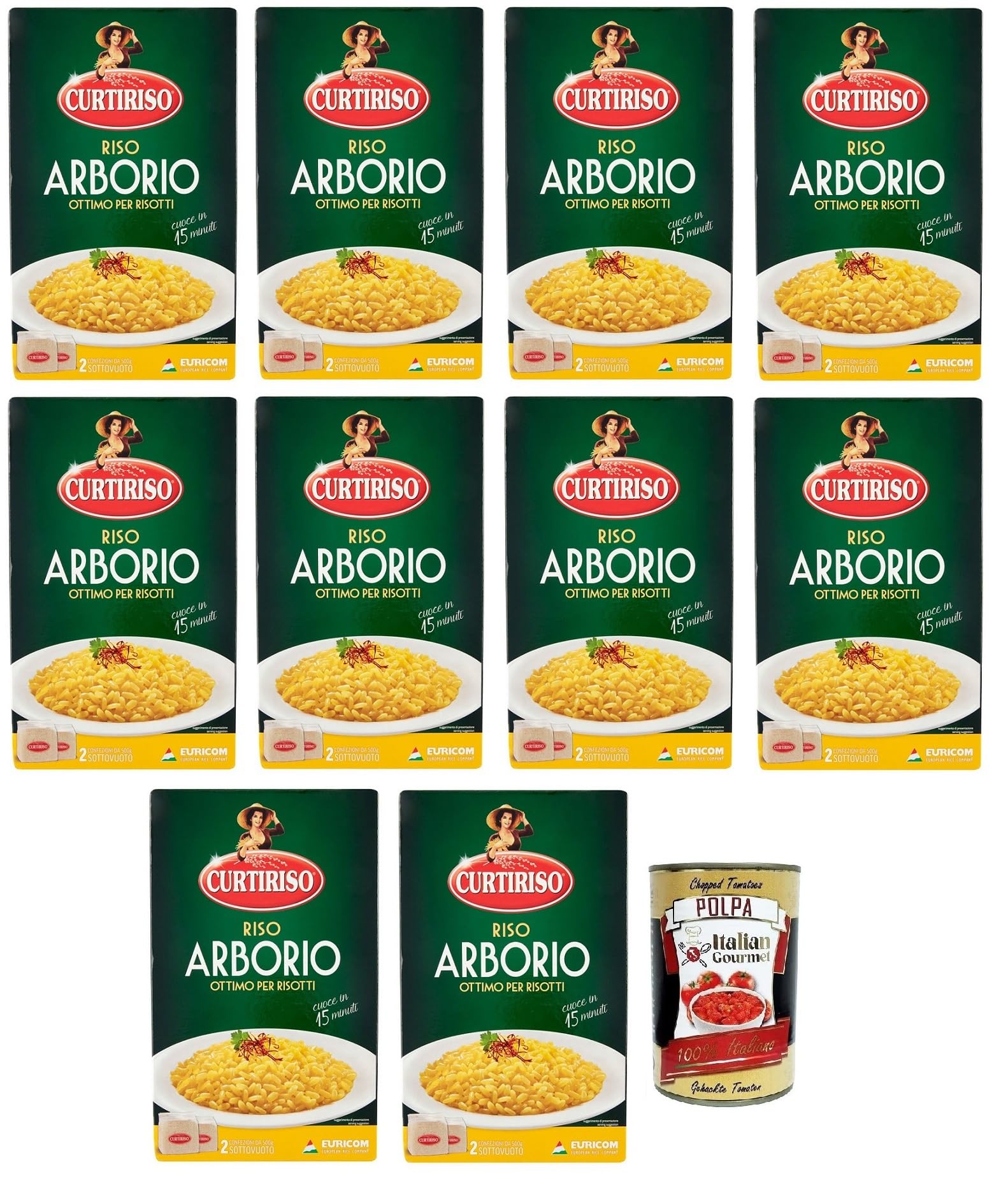 Curtiriso Riso Arborio 100% arroz italiano, ideal para todos los risottos, 15 minutos, paquete de 1 kg + lata italiana Gourmet Polpa di Pomodoro de 400 g