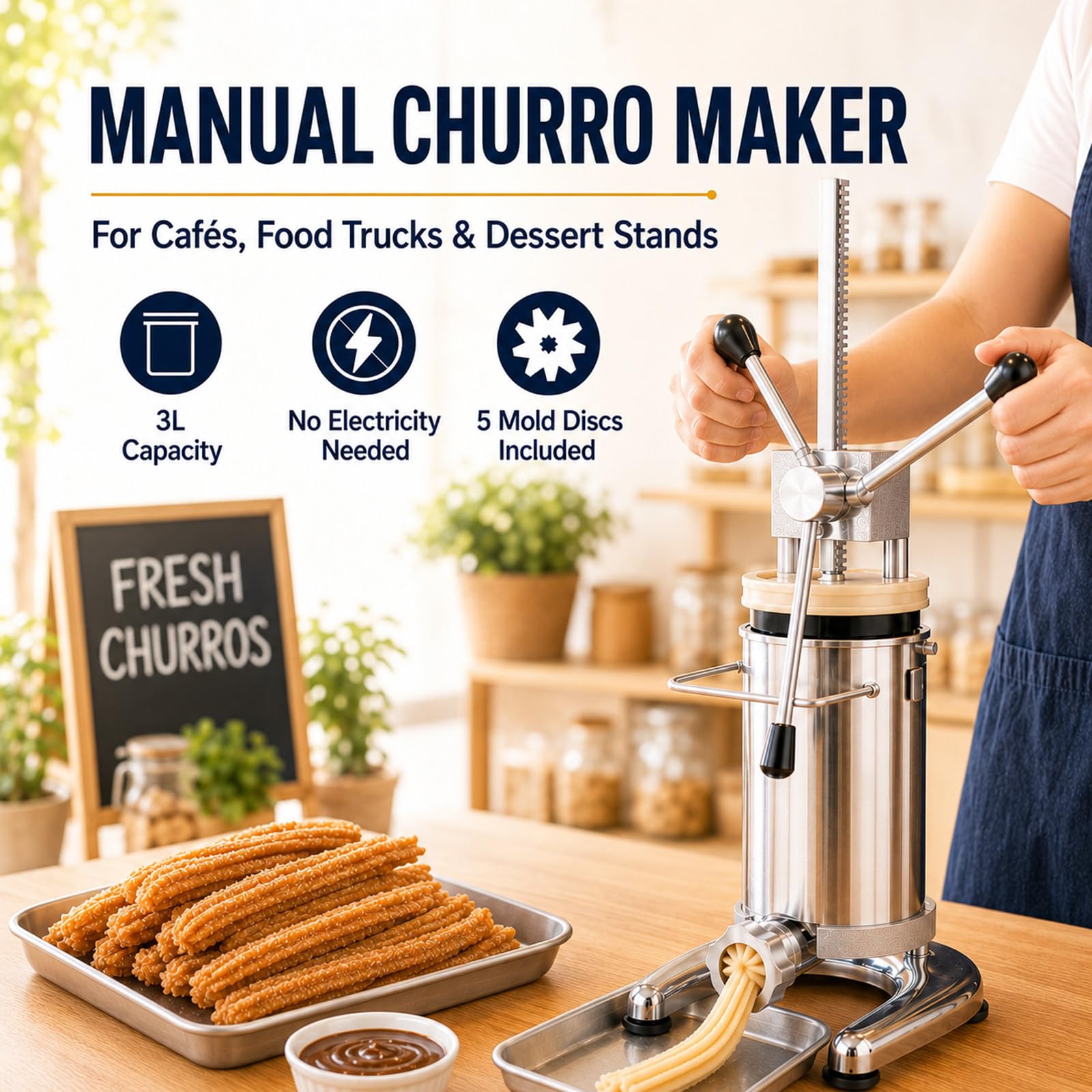 Máquina para Churros, Churrera Manual Profesional de Acero Inoxidable con 5 Moldes para Bar, Pastelería, Restaurante, Feria y Food Truck, para Venta de Churros 3L