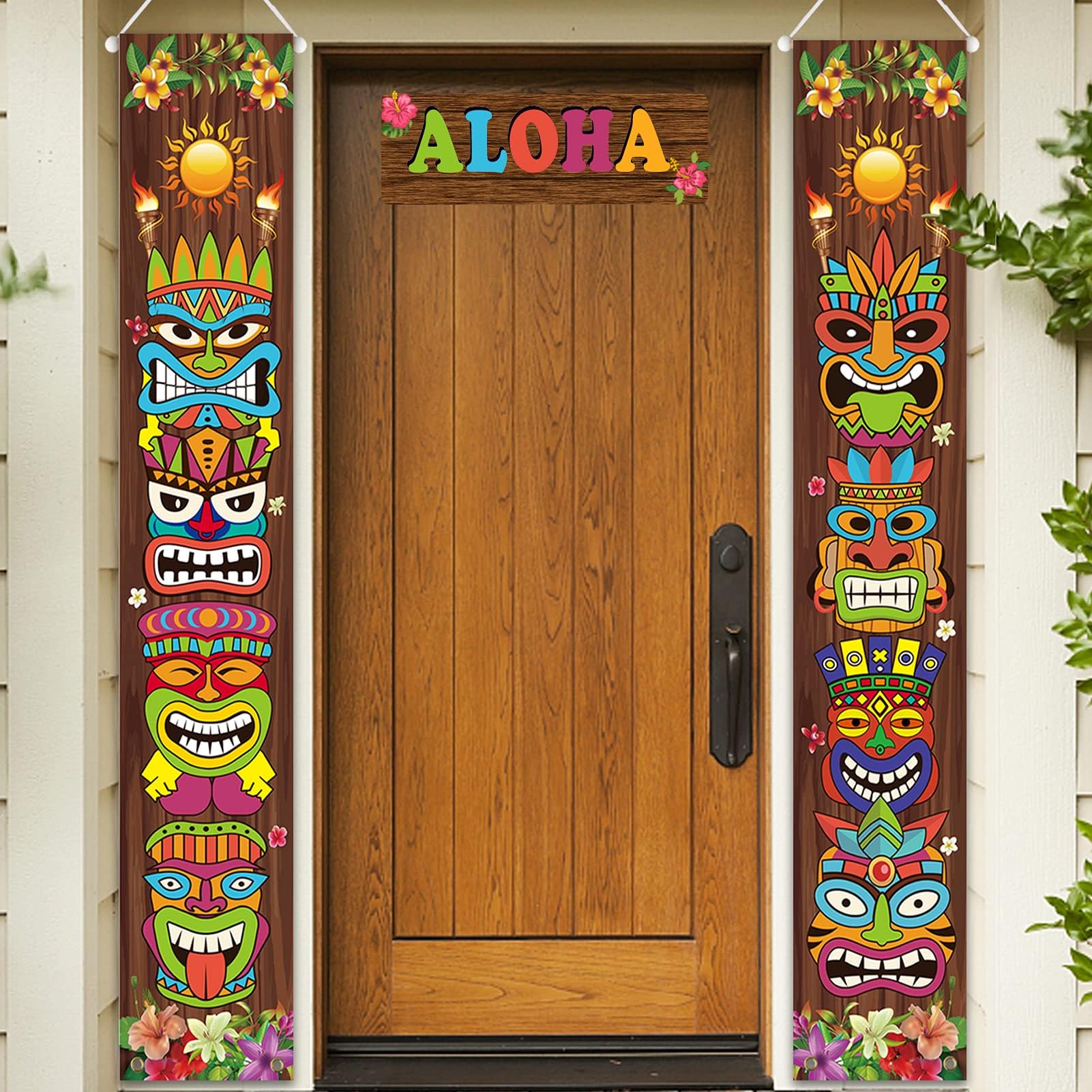 Tiki Banner Luau Hawaiian Party Decorations Set Tiki Totem Porch Sign for Aloha Tropical Hawaii Hibiscus Wall Hanging Decor Door Banner Carnival Party Jungle Background Backdrop (Tiki Luau Banner)