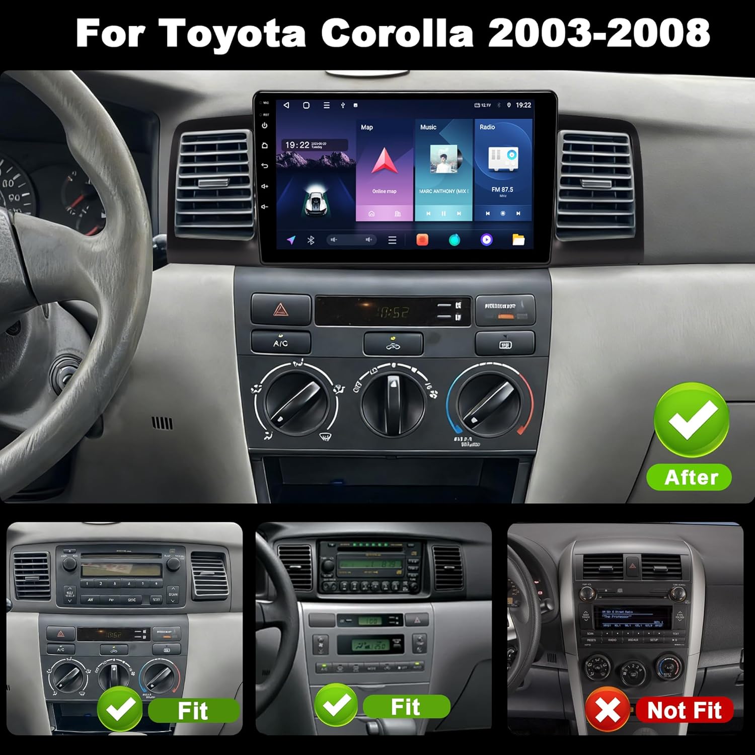 Android 15 Car Radio for Toyota Corolla 2005-2008: 9'' 4GB+64GB Car Stereo Upgrade Wireless CarPlay & Android Auto with WiFi 6, Bluetooth, GPS Navigation, FM Radio, EQ, SWC, 1080P Backup Camera