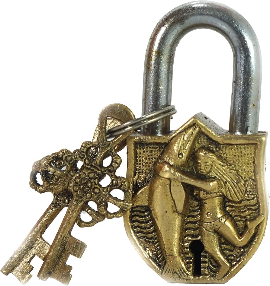 Vintage Indian Brass Security Lock Hand Carved Metal with 2 Key