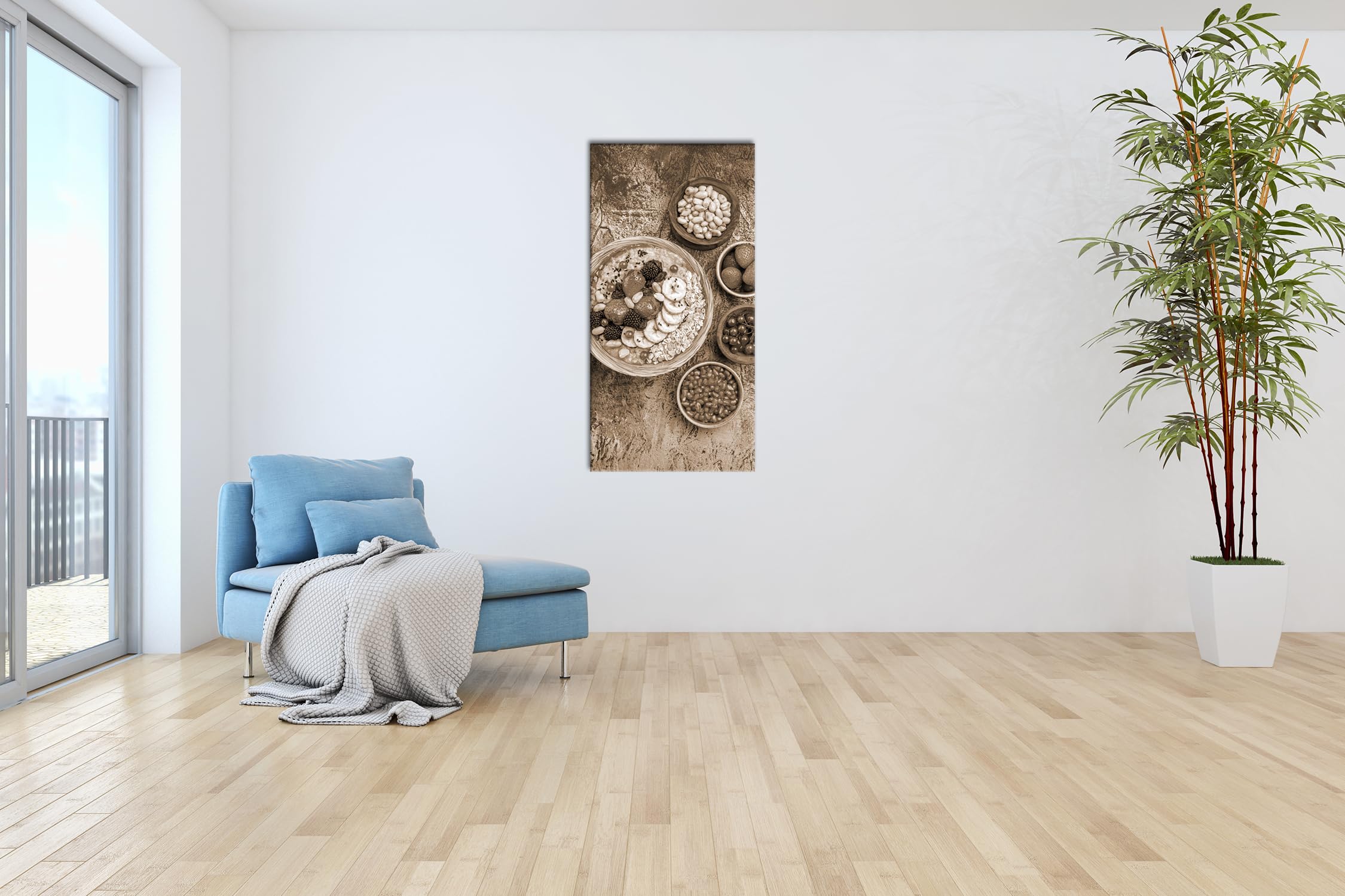 Miska z owocami, orzechami i płatkami owsianymi, zdrowe marzenie śniadaniowe. Panorama 100 x 50 cm Efekt: sepia jako obraz na płótnie, motyw oprawiony na ramie z prawdziwego drewna, wysokiej jakości