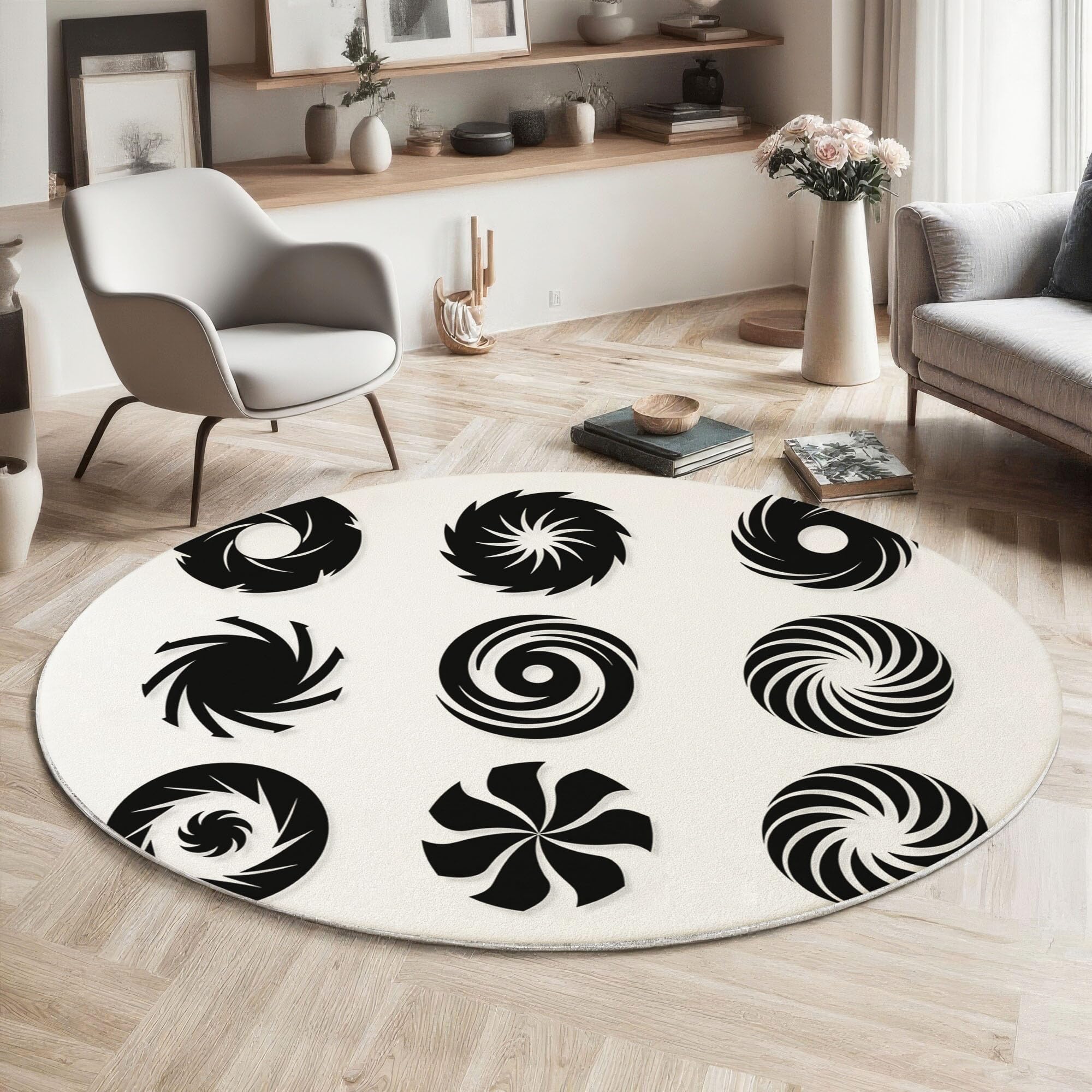 Tapis rond poil bas lavable 100cm design minimaliste spirale pour salon et bureau