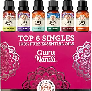 GuruNanda Essential Oils Set for Diffusers, 100% Pure, Aromatherapy, Massage, Skin Care, Candle and Soap Making Lavender, Peppermint, Eucalyptus, Orange, Lemongrass, Cedarwood 0.33 Fl Oz (Pack of 6)