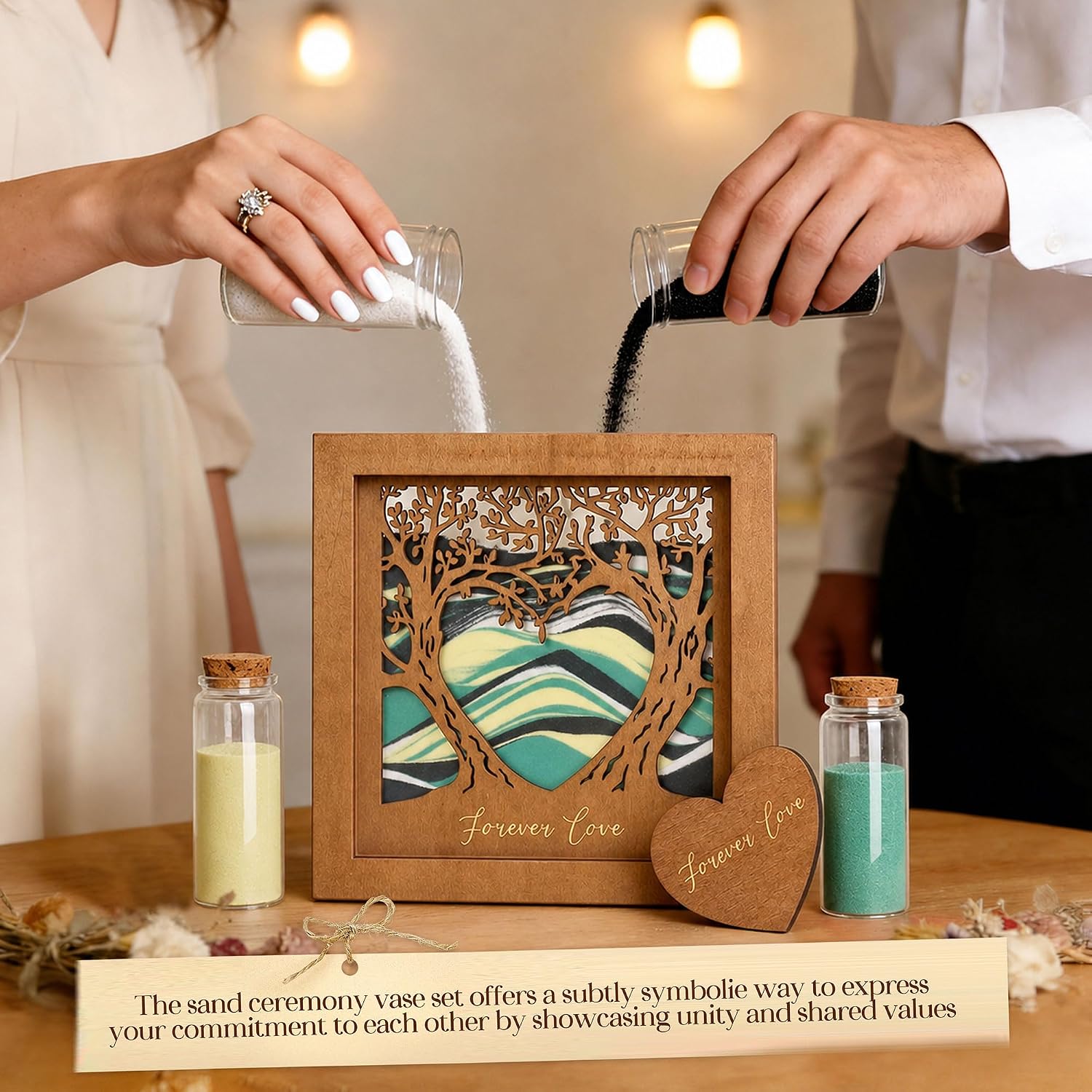 Unity Sand for Wedding Ceremony Set : Dainty Carved Wooden Box Glass Bottles with Cork Stopper and Wedding Sand Function Sets for Marriage Bridal Party Family Unity Ceremony Decorations Wood