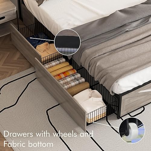 Miniatura 5 de Base de cama LED tamaño Queen con estación de carga y 4 cajones, marco de cama de metal con cabecero de puertos USB, marco de cama de granja con