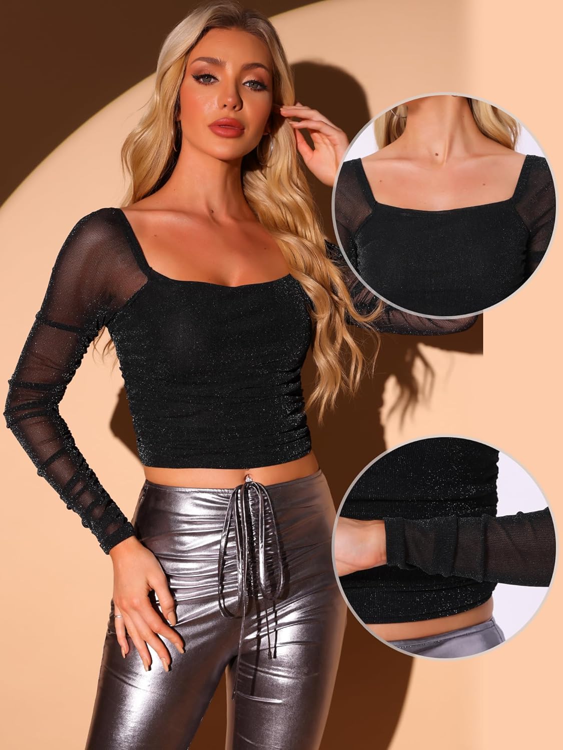 Allegra K Ruched Tops for Women's Cropped Glitter Long Sleeve Mesh Blouse - Image 2