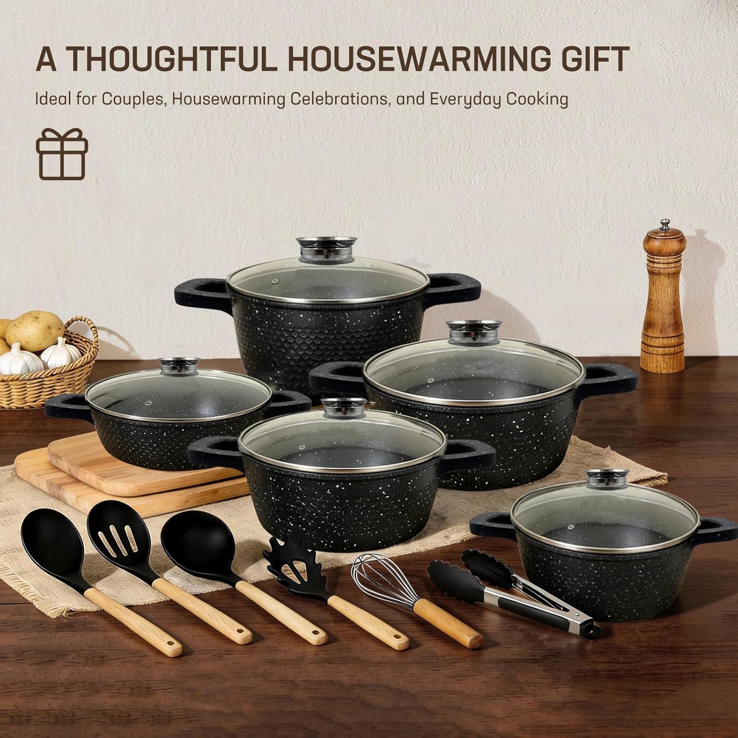 16PCS Cookware Set, Nonstick Pots and Pans Sets, Kitchen Cooking Set Gasserole with Lid, Utensils, Dishwasher Safe, PTFE/PFOA Free, Black