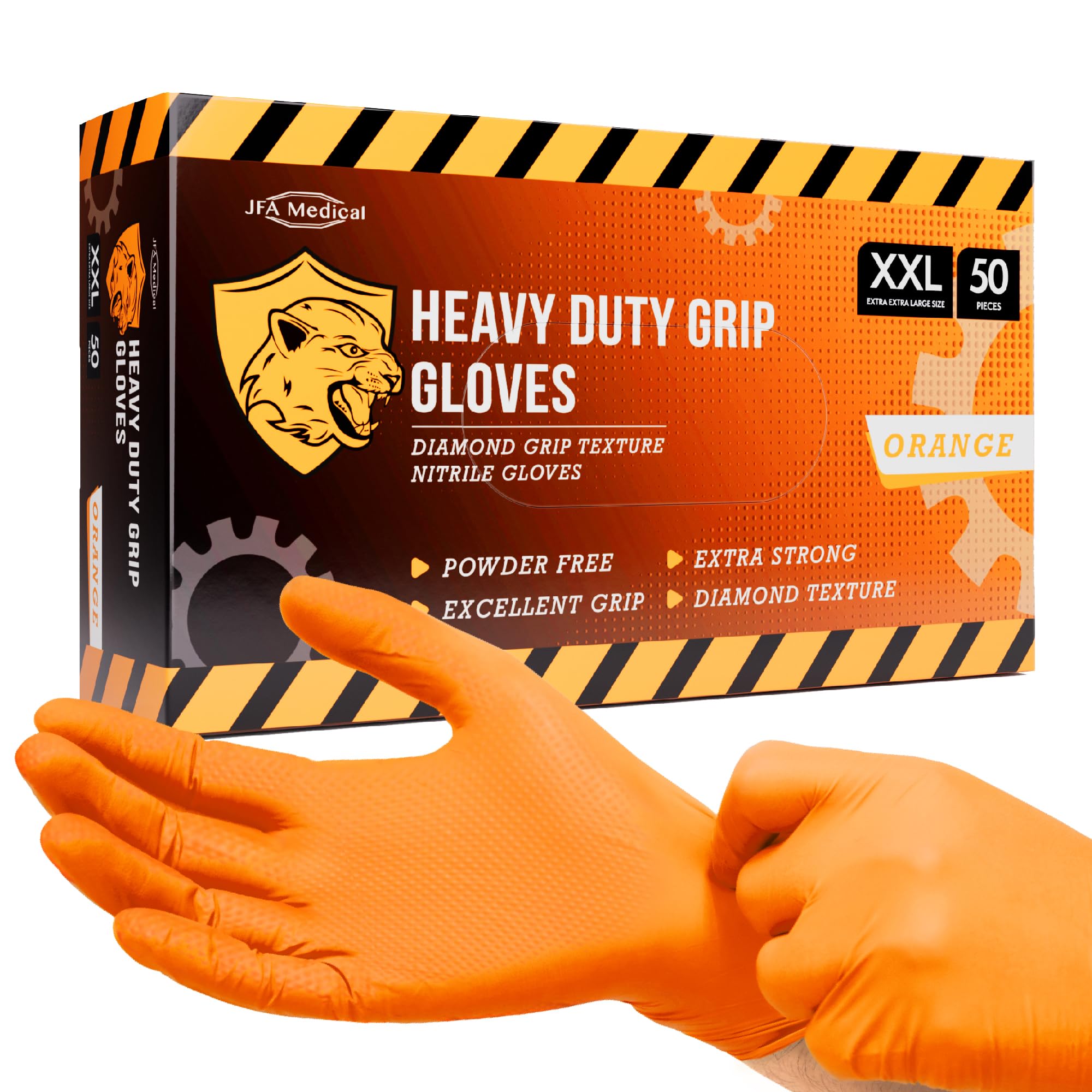 JFA Medical Disposable Heavy Duty Mechanic Powder Free Latex Free Orange Diamond Grip Nitrile Gloves - Box of 50 (Extra Extra Large)