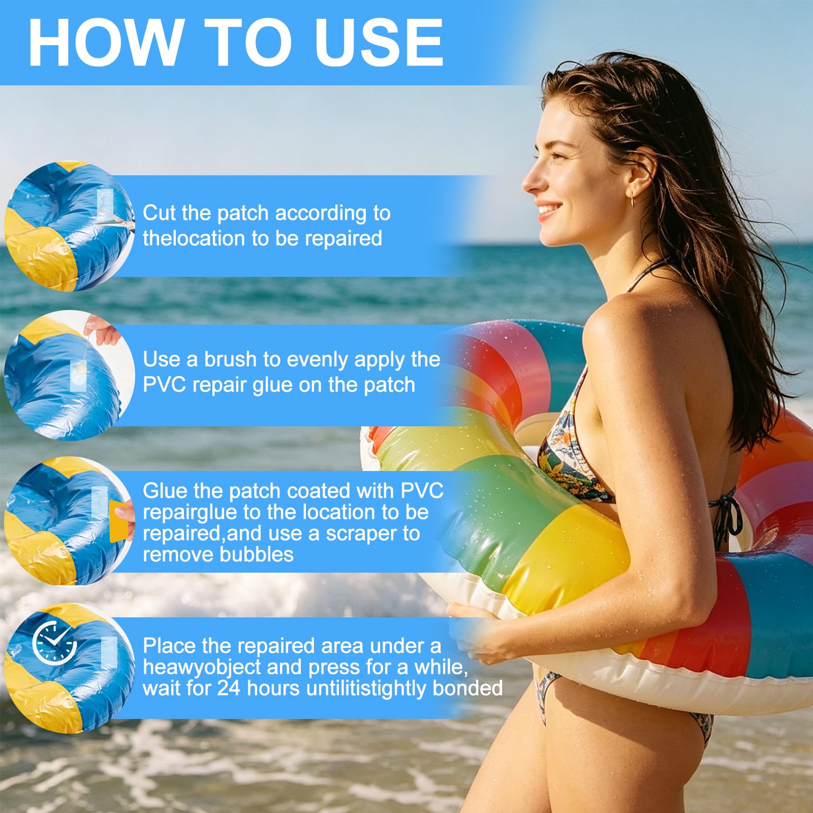 Kit de Réparation Piscine 100ML, Rustine Imperméable avec 15 Patchs & Accessoires, Colle PVC