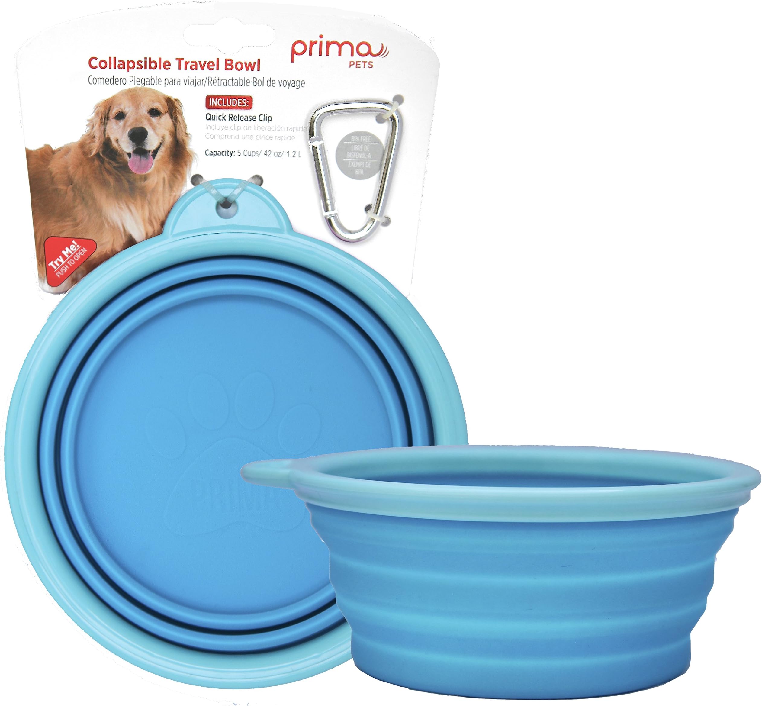Prima Pet Expandable / Collapsible Silicone Food & Water Travel Bowl with Clip for Medium & Large Dog, Portable and Durable Pop-up Feeder for Convenient On-the-go Feeding, Size: 5 Cups (7 Inch Diameter Bowl) (LARGE (5 CUPS), AQUA)