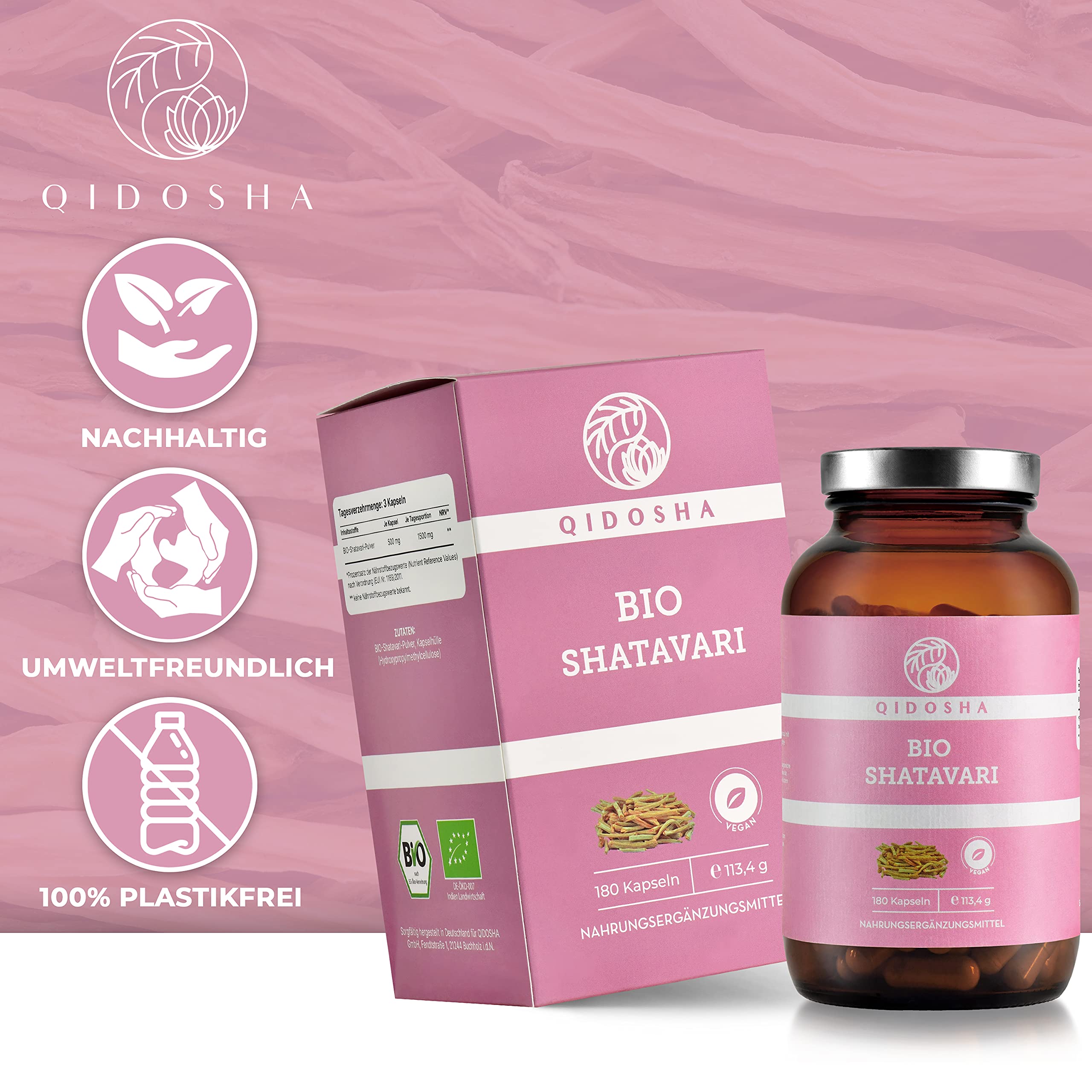 QIDOSHA® Shatavari capsule biologiche ad alto dosaggio, 180 pezzi in vetro, 1500 mg di Shatavari polvere biologica per porzione giornaliera, capsule di polvere di Shatavari biologiche, testate di