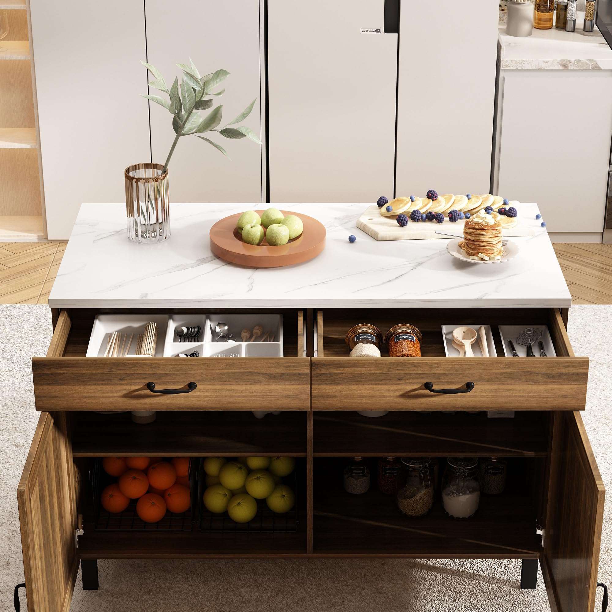 Isola cucina con piano di lavoro, armadio da cucina a cassetti, tavolo centrale con ante e cassetti, buffet marrone e bianco, 120x60x85 cm, MDF