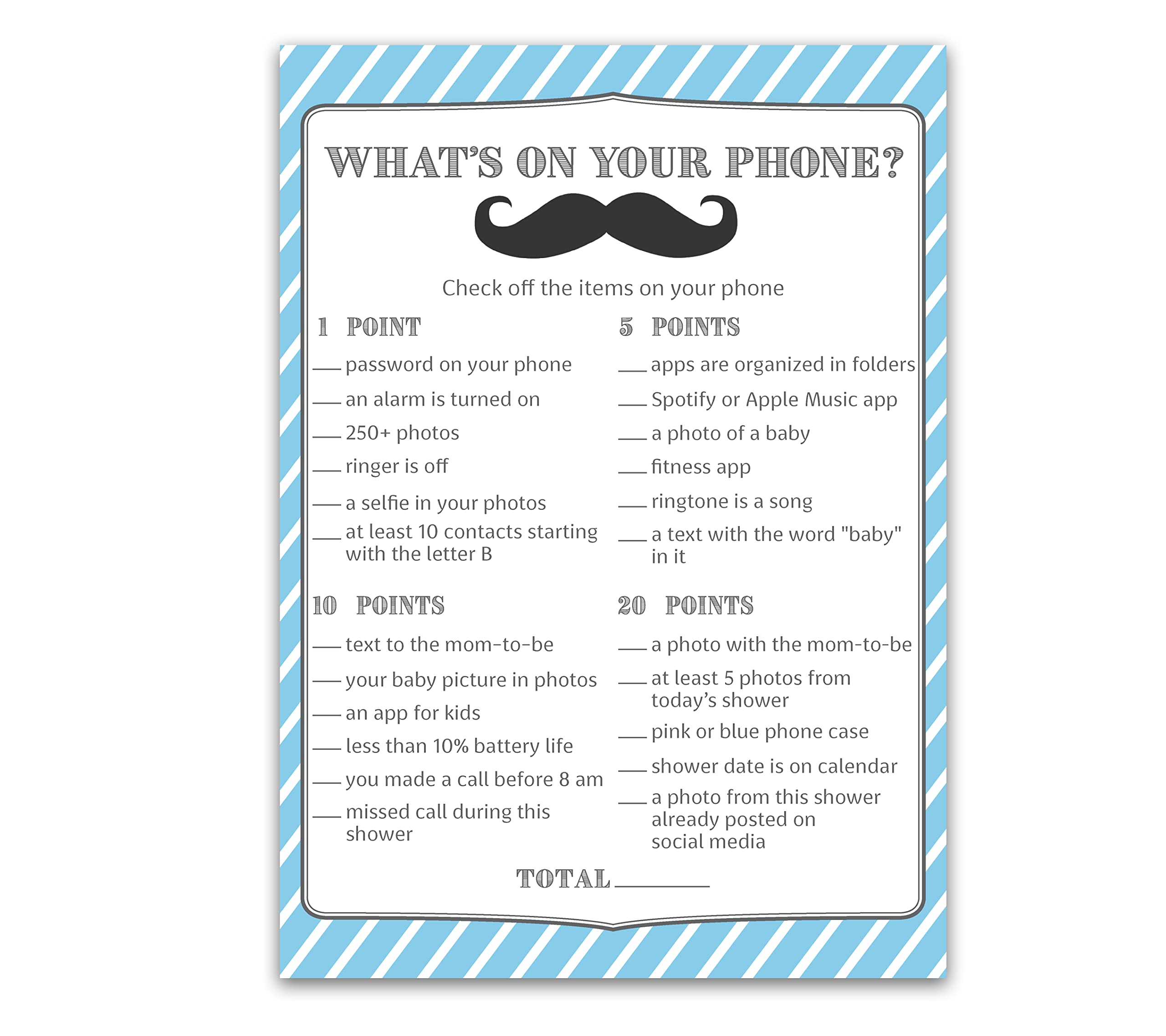MUSTACHE WHAT’S ON YOUR PHONE Baby Shower Game — Pack of 25 — Blue Boy Baby Shower Games, Baby Boy Shower Activity, Little Man is on the way Theme Coed Couples Shower, Phone Party Game G855-PHN