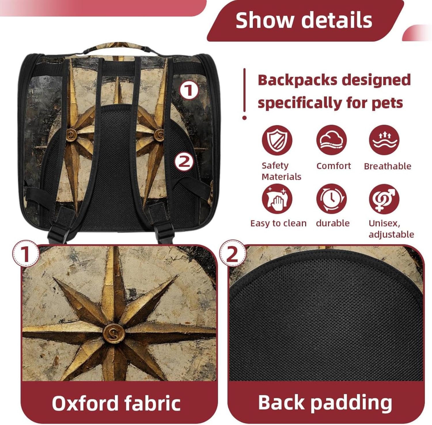 Portable Travel pet Backpack Carrier Hamster Bag Small Dog cat Carrier Breathable Hang Bag, Compass (1)