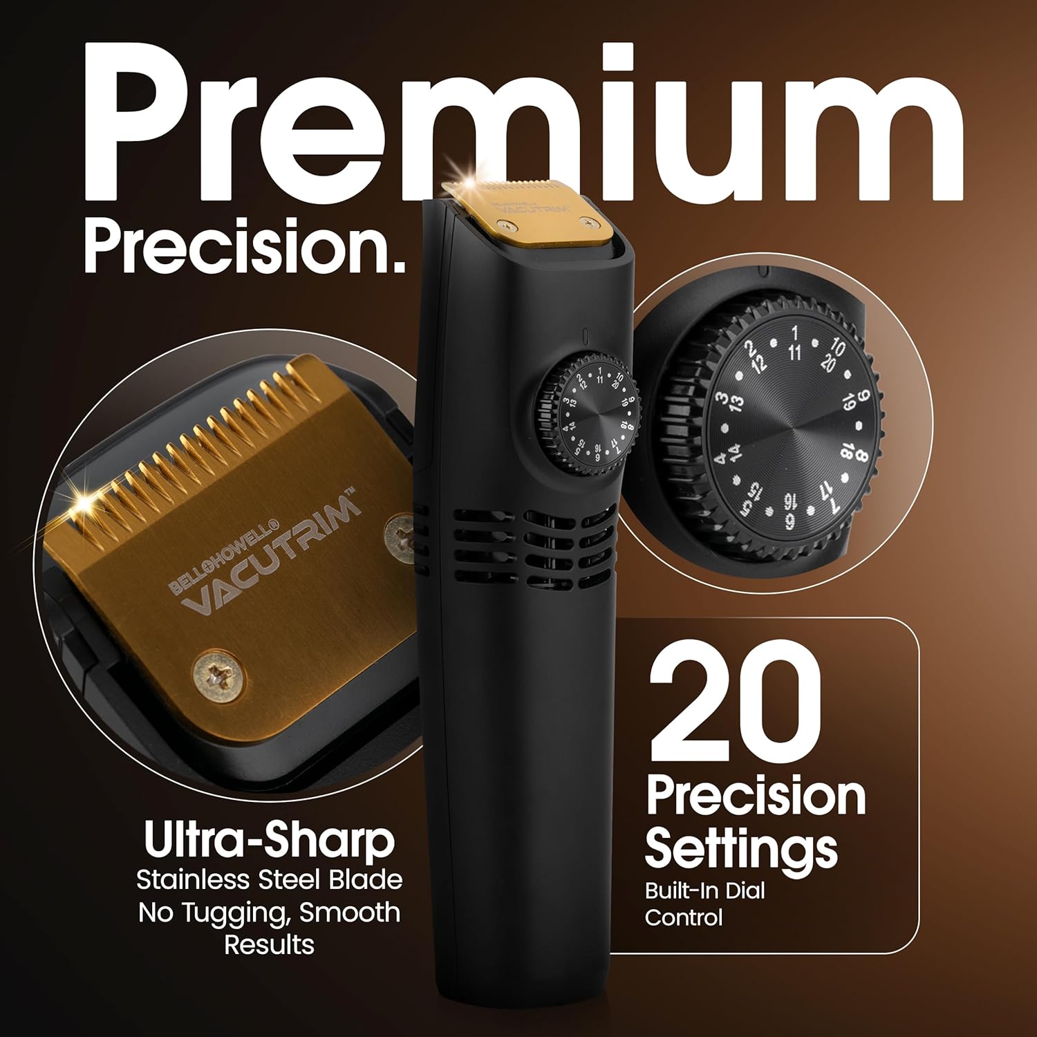 Vacutrim Cordless Mens Beard Trimmer, Rechargeable Electric Shaver with 20 Trim Setting Calibration Dial and Built-in Vacuum for Mustache, Sideburns. Facial Hair, Black, 7.5", As Seen On TV - Image 3