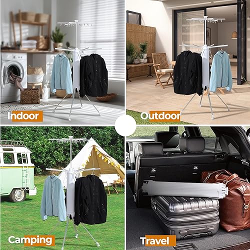 Miniatura 6 de Dollate Escurridor de ropa plegable de 4 patas, 2 niveles, portátil y plegable, ahorro de espacio, con 4 poleas, estante seco de aluminio para ropa