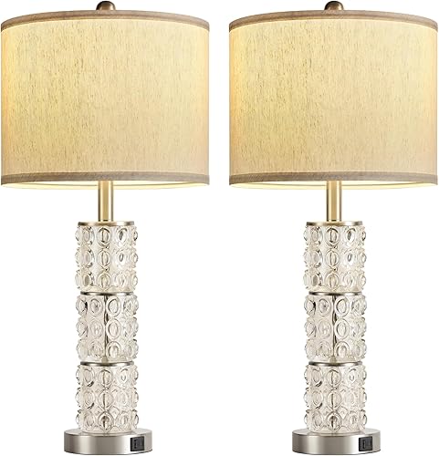 Miniatura 5 de Juego de 2 lámparas de mesa de vidrio de 28.3 pulgadas, lámparas de mesita de noche para dormitorio con puertos USB C+A, lámparas plateadas para